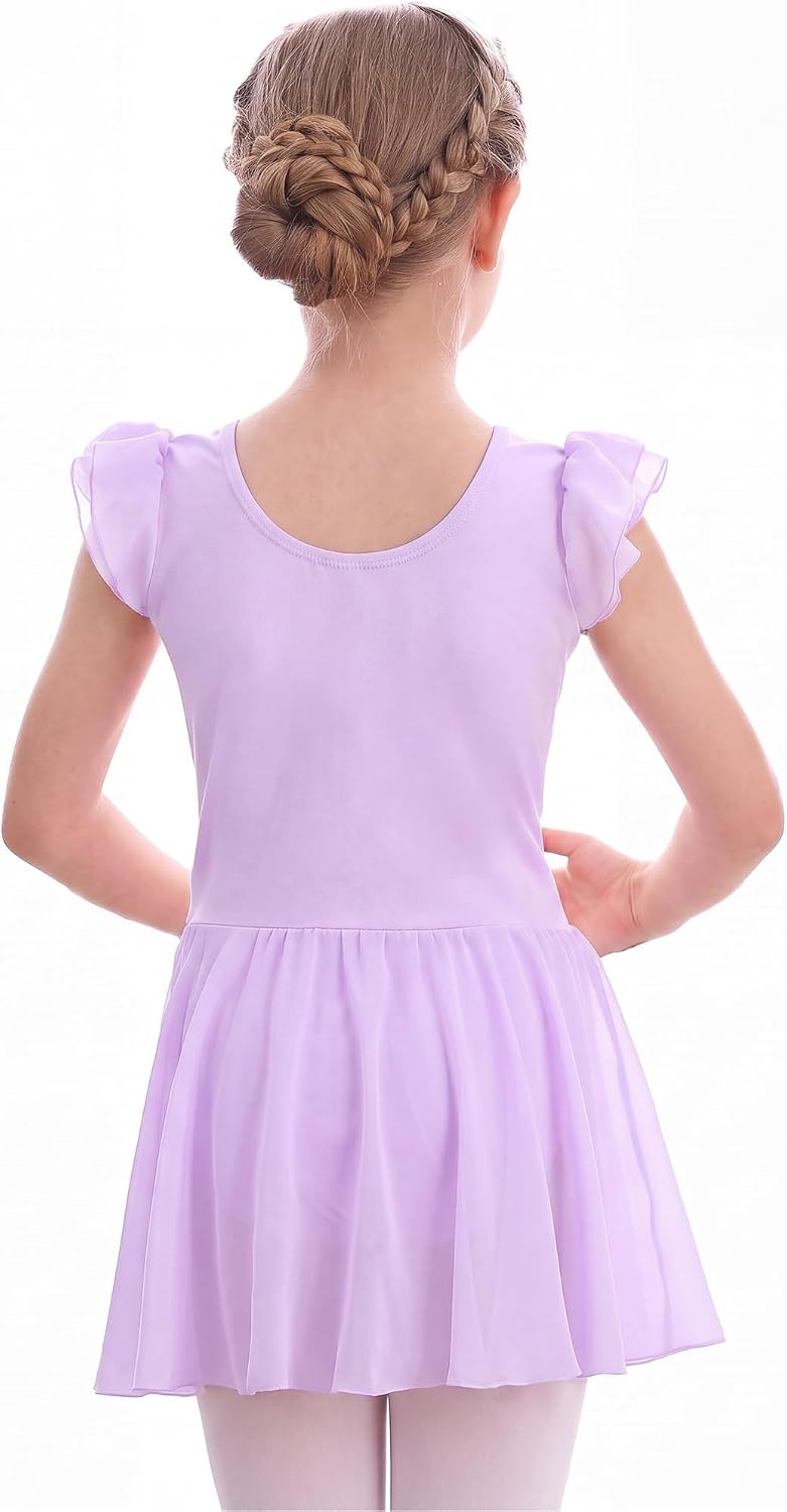 Stelle Ballet Leotards for Girls Dance Leotard with Skirt Kids Dance Dress | Ballet Dress for Toddler Girls, Ruffle Sleeve, Chiffon Skirt, Dance Costume for Performances, Birthday Party, Daily Wear(2-lavender)