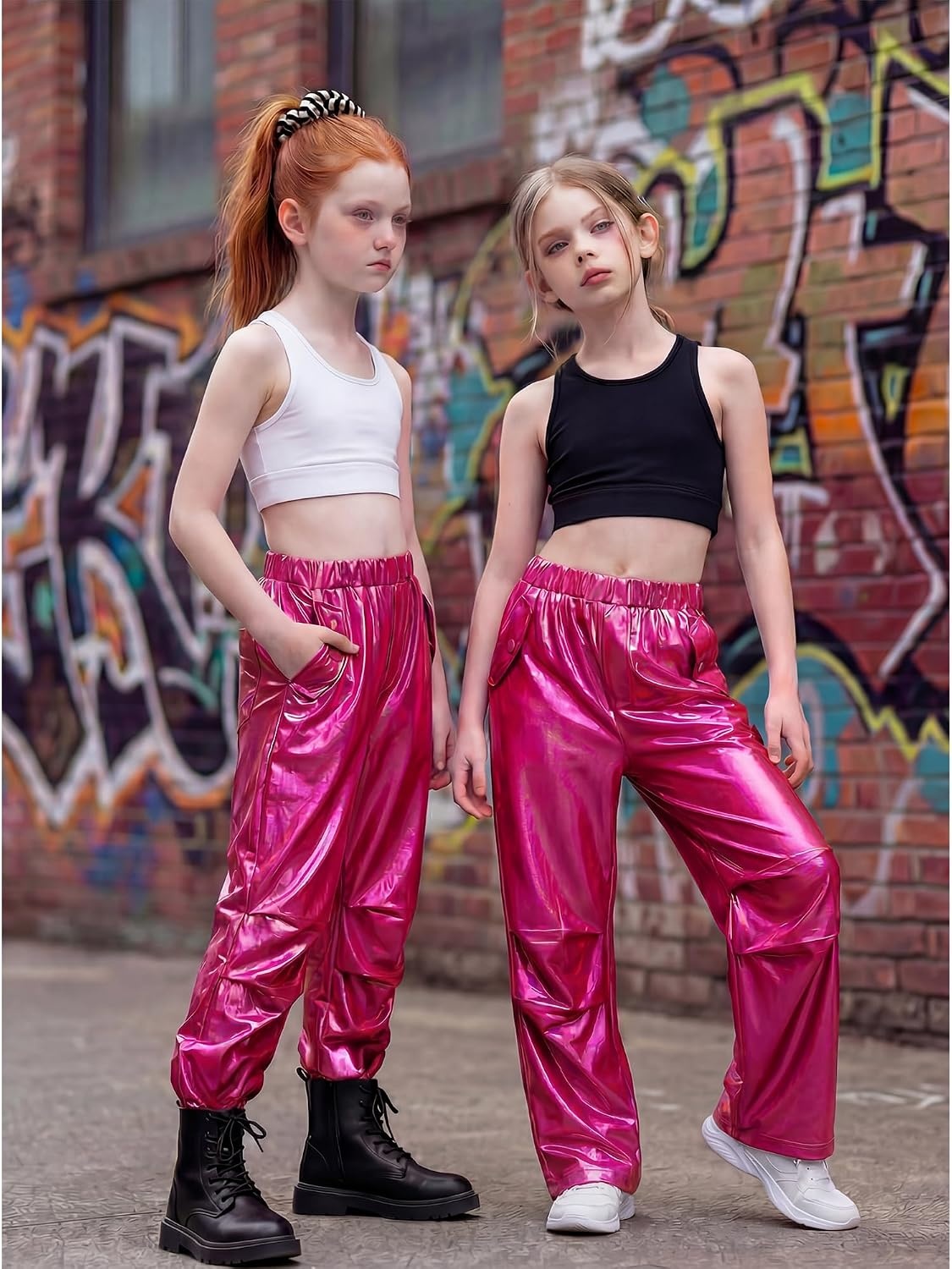 Stelle Girls Metallic Cargo Pants Shiny Hip Hop Dance Joggers Sparkly Stretchy Wide Leg Street Pants for Kids 4-15 Years(Metal Fuchsia)