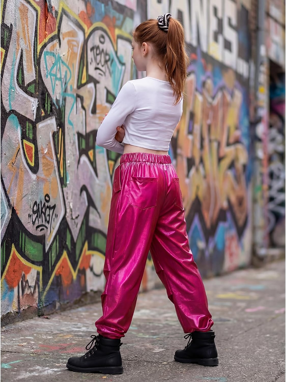 Stelle Girls Metallic Cargo Pants Shiny Hip Hop Dance Joggers Sparkly Stretchy Wide Leg Street Pants for Kids 4-15 Years(Metal Fuchsia)