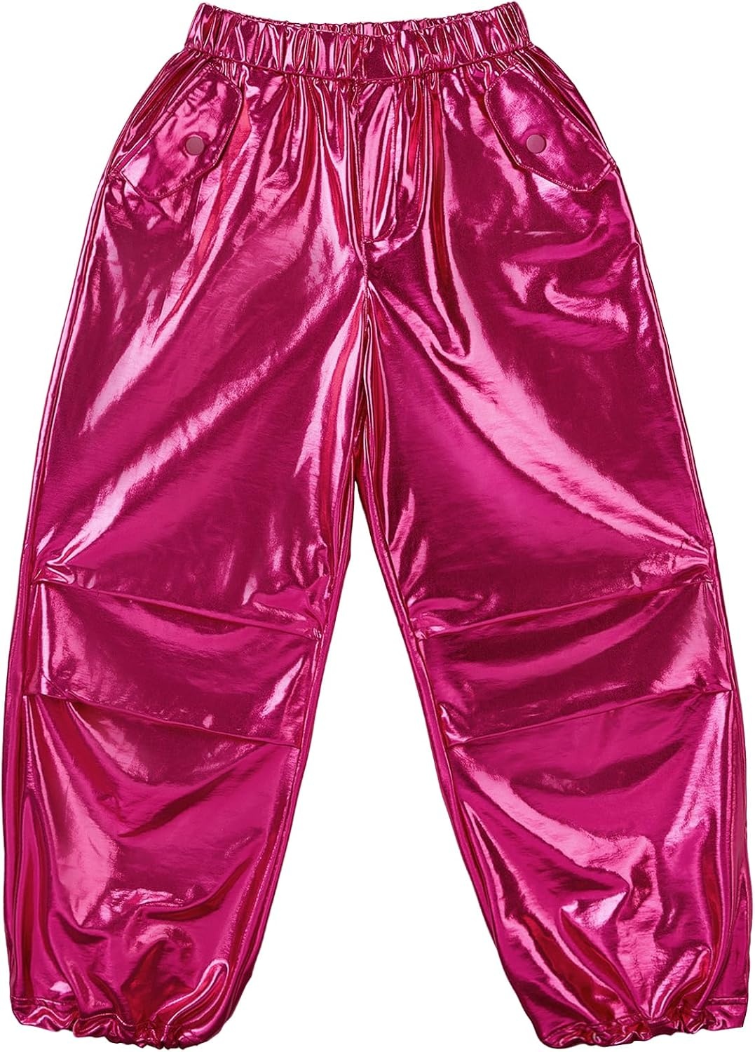 Stelle Girls Metallic Cargo Pants Shiny Hip Hop Dance Joggers Sparkly Stretchy Wide Leg Street Pants for Kids 4-15 Years(Metal Fuchsia)