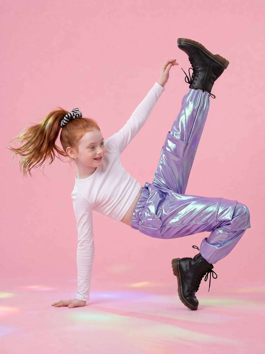 Stelle Girls Metallic Cargo Pants Shiny Hip Hop Dance Joggers Sparkly Stretchy Wide Leg Street Pants for Kids 4-15 Years(Iridescent Purple)