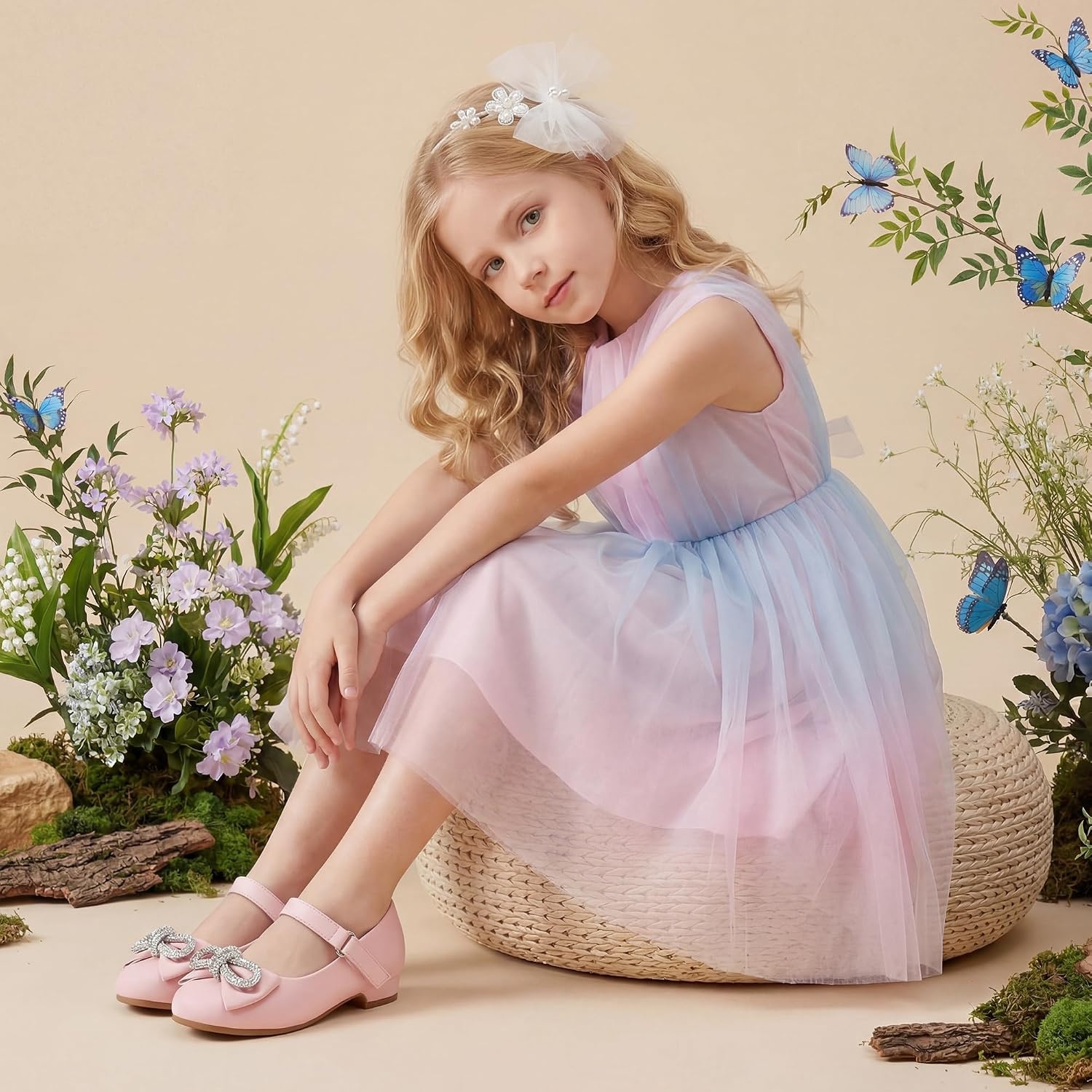 Stelle Dress Shoes for Girls Rhinestone Bow Low Heels for Wedding Party | Flower Girl, Sparkling bow detail, Cushioned insole, Flexible outsole, School events, Dress-up, Comfortable fit(1-pink)