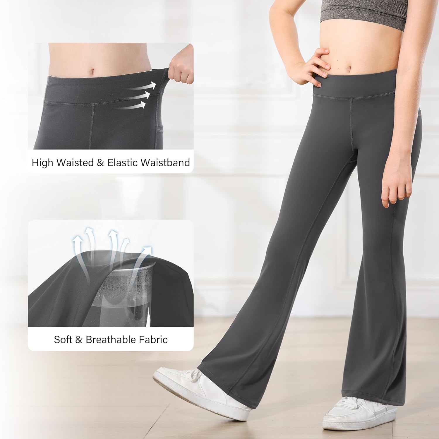 Stelle Girl’s Flare Leggings with Pockets High Waisted Bootcut Yoga Pants Kids Dance Bell Bottoms Leggings(17-c7-black/Grey/Grey Blue)