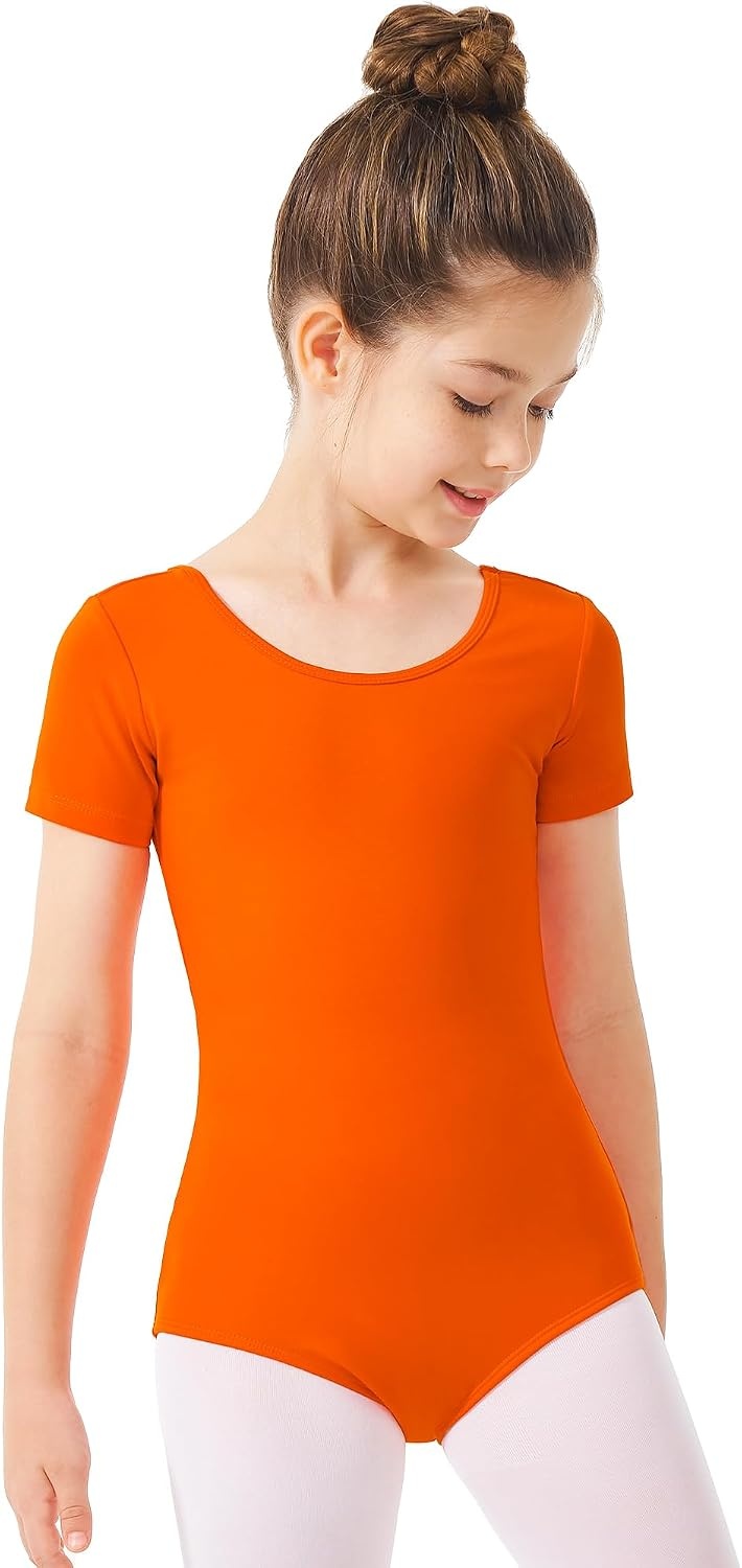 Stelle Girls Cotton Ballet Dance Leotard with Bow Back for Dance Class | Cotton, Soft stretch fabric, Breathable, Comfort fit, Leotard for girls, Toddler, Ballet class, Gymnastics, Dance recital(1-orange)