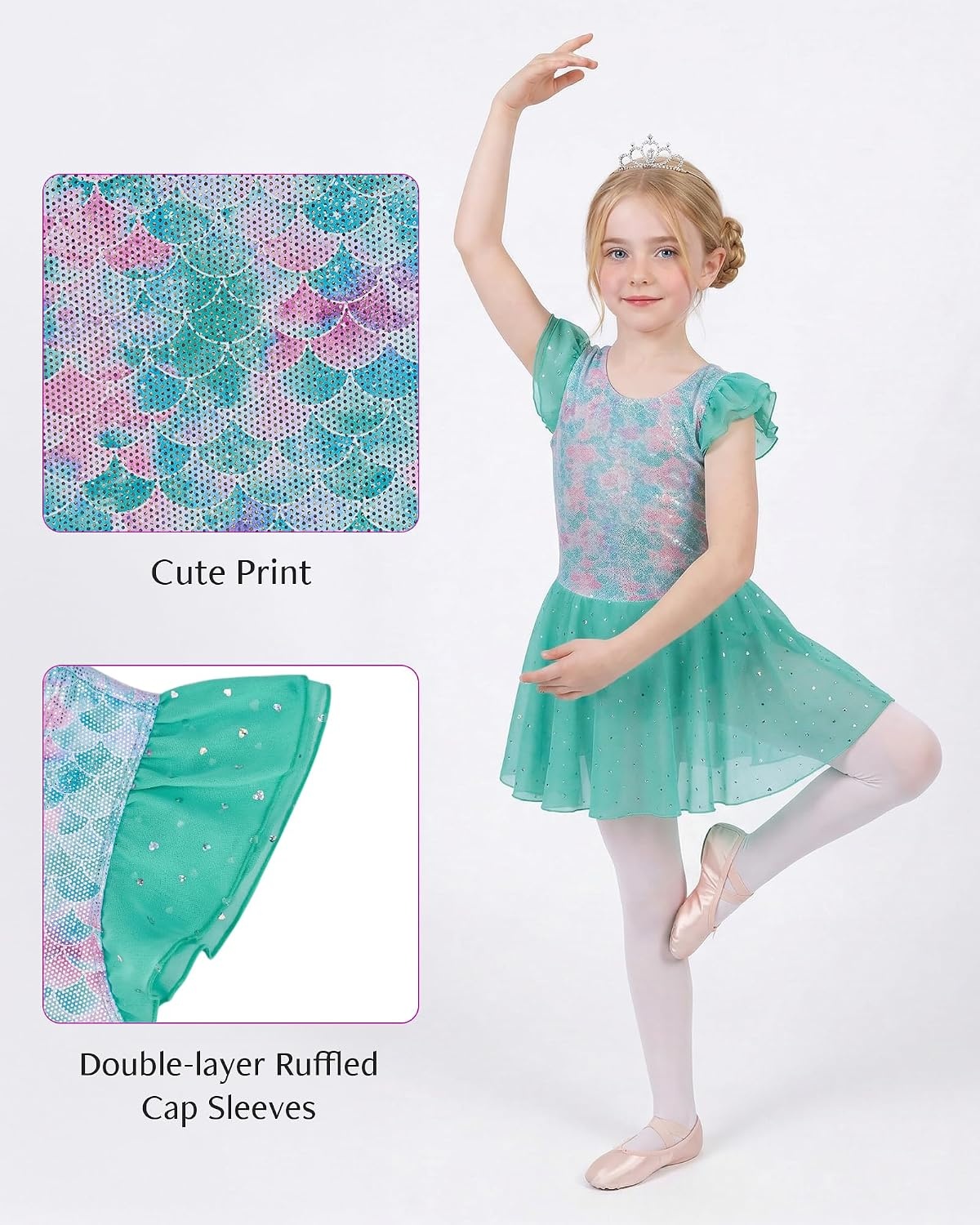 Stelle Ballet Leotards for Girls Toddler Dance Leotard Gymnastic Outfits | Sparkle Flutter Sleeve Ballet Dresses, Butterfly Star Print, Ballerina Costumes for Dance, Performance, Party & Dress Up(Mermaid Sparkle)