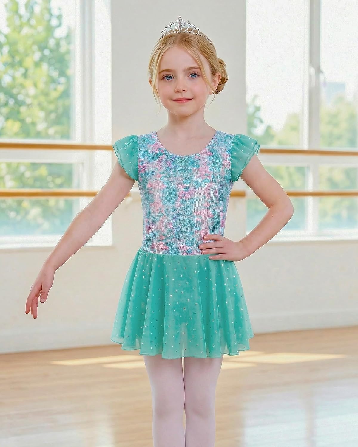 Stelle Ballet Leotards for Girls Toddler Dance Leotard Gymnastic Outfits | Sparkle Flutter Sleeve Ballet Dresses, Butterfly Star Print, Ballerina Costumes for Dance, Performance, Party & Dress Up(Mermaid Sparkle)