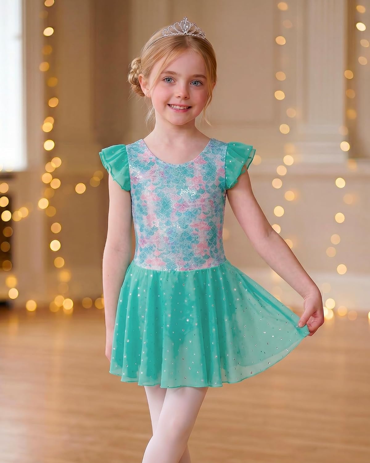 Stelle Ballet Leotards for Girls Toddler Dance Leotard Gymnastic Outfits | Sparkle Flutter Sleeve Ballet Dresses, Butterfly Star Print, Ballerina Costumes for Dance, Performance, Party & Dress Up(Mermaid Sparkle)