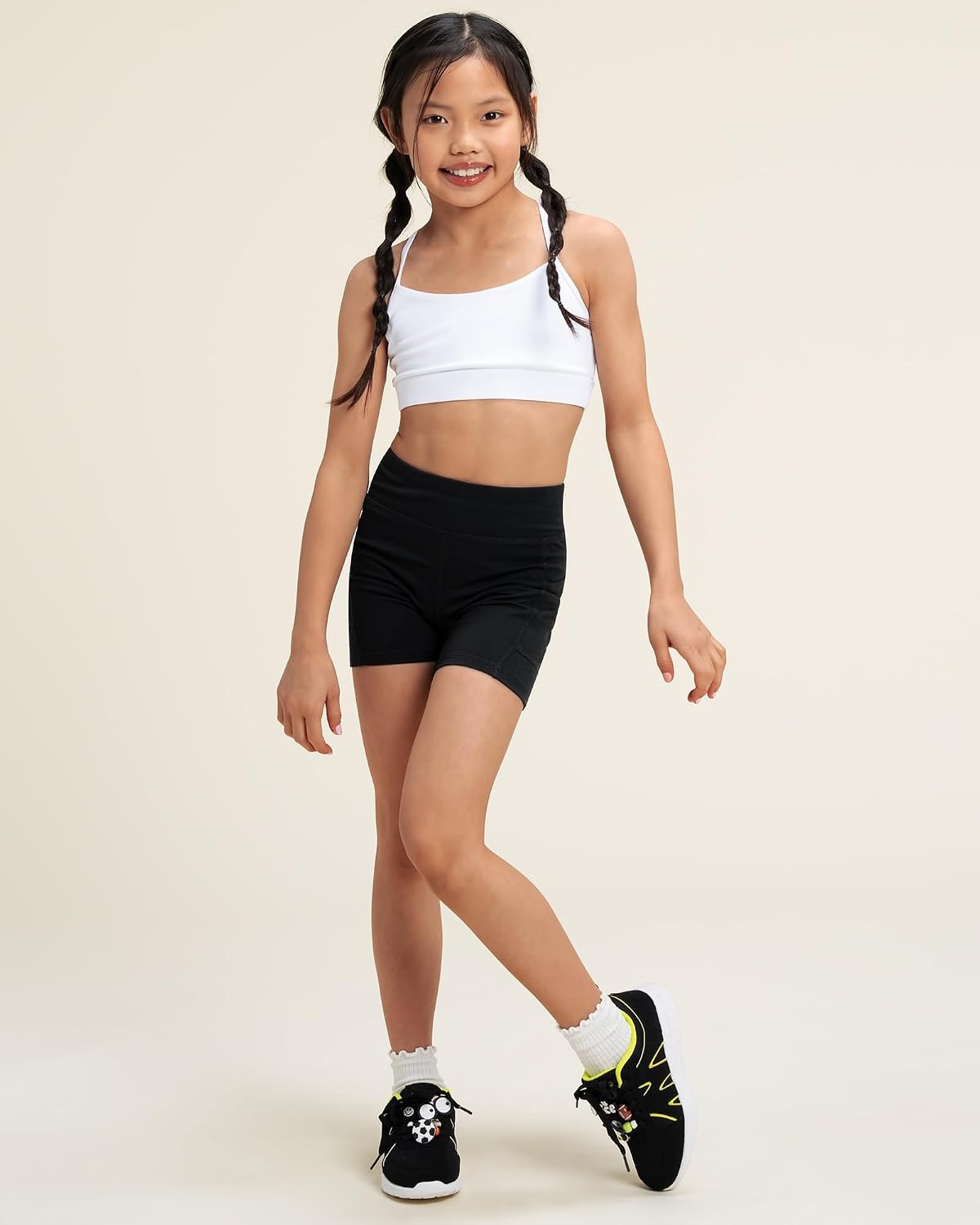 Stelle Girls Sports Bra Training Bra Spaghetti Strap Y Back Bra Yoga Crop Top for Teens Kids(White)