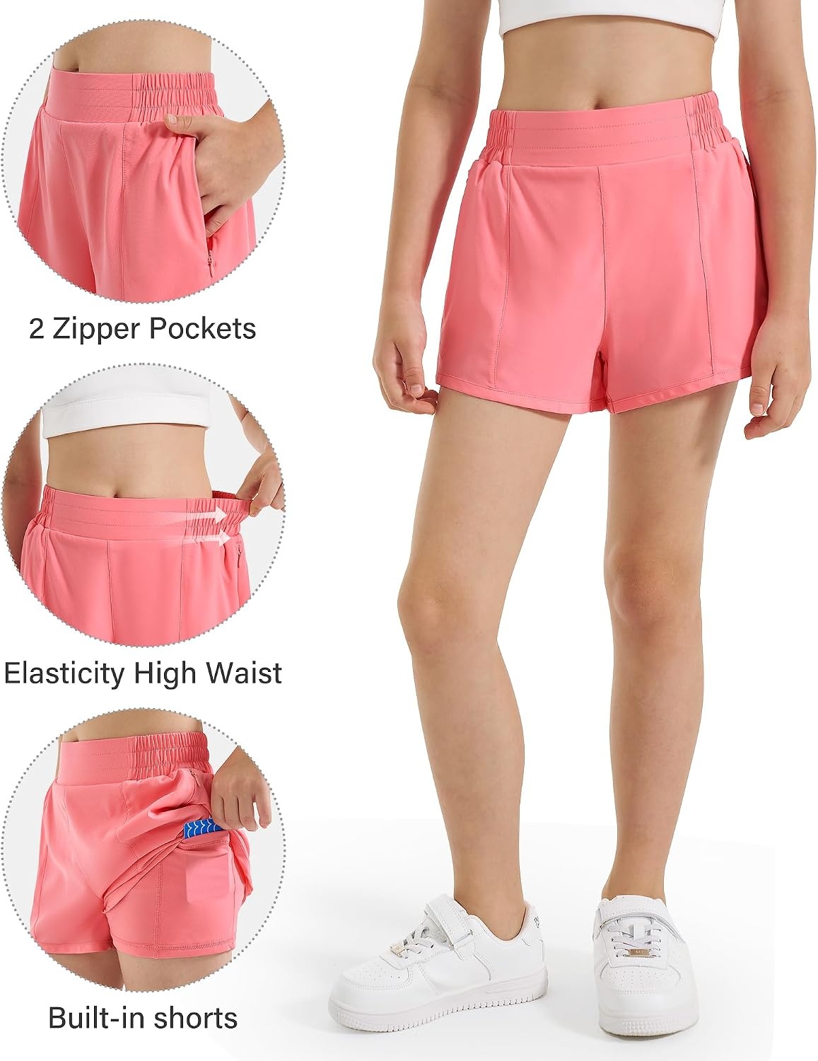 Stelle Girls 2-in-1 Athletic Shorts with Zipper Pockets for Running Sports | Built-in liner, Quick-dry fabric, Elastic waistband, Secure storage, Soccer, Gym, Outdoor activities(A-coral)