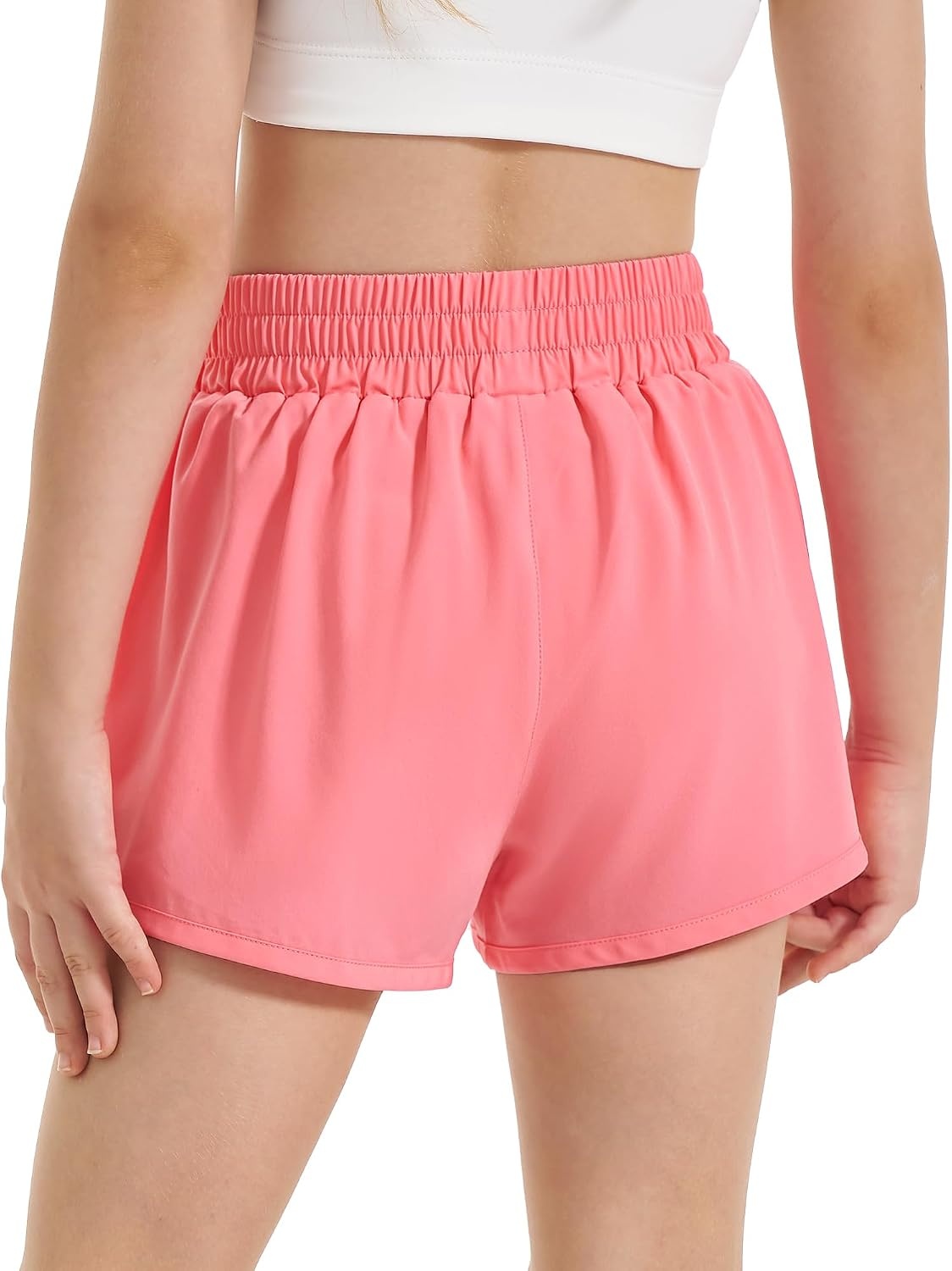 Stelle Girls 2-in-1 Athletic Shorts with Zipper Pockets for Running Sports | Built-in liner, Quick-dry fabric, Elastic waistband, Secure storage, Soccer, Gym, Outdoor activities(A-coral)
