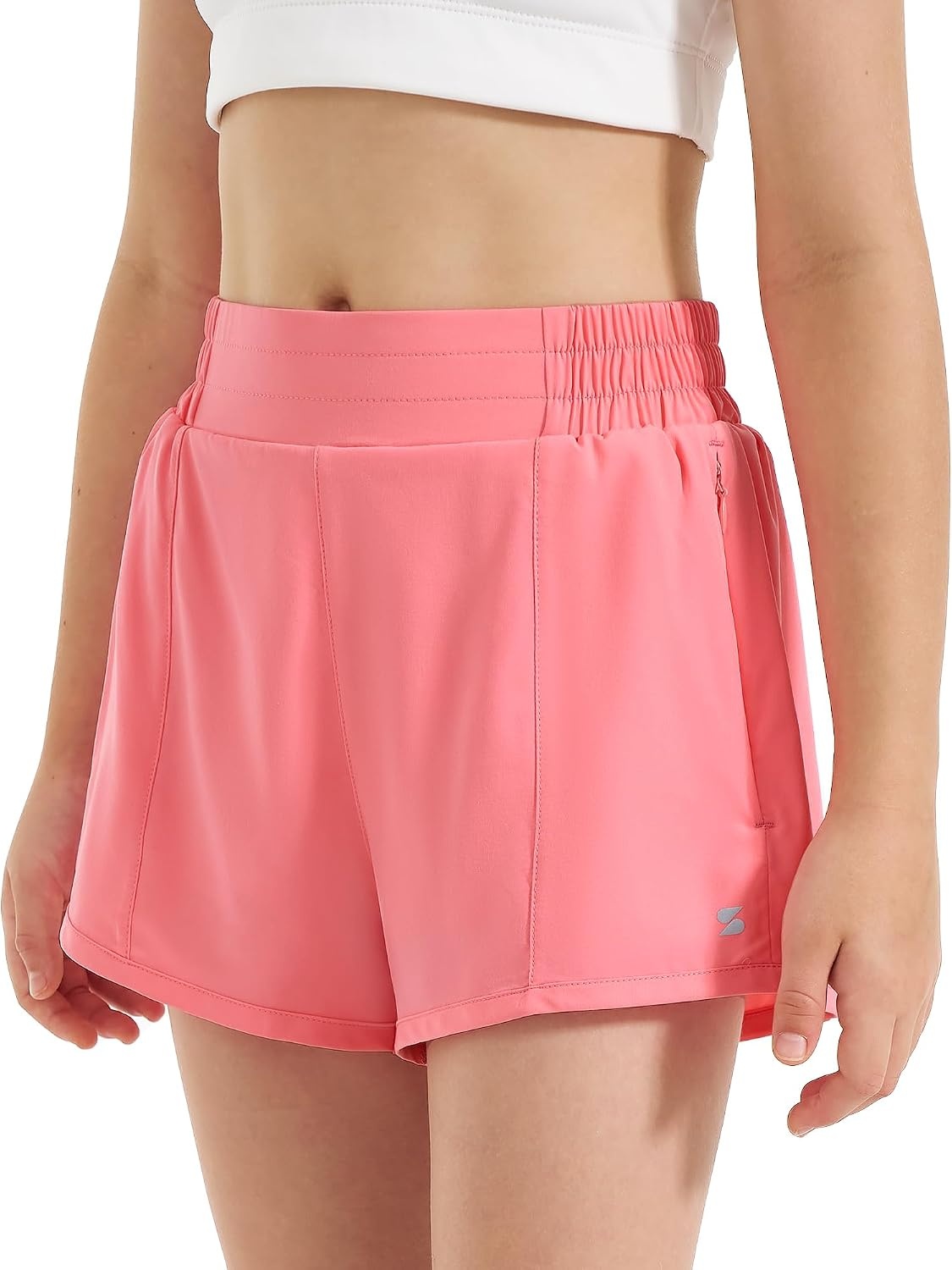 Stelle Girls 2-in-1 Athletic Shorts with Zipper Pockets for Running Sports | Built-in liner, Quick-dry fabric, Elastic waistband, Secure storage, Soccer, Gym, Outdoor activities(A-coral)