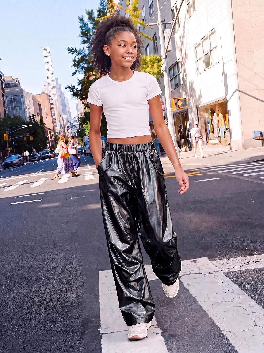 Stelle Girls Metallic Hip Hop Pants Shiny Cargo Joggers Pant(Patent Black)