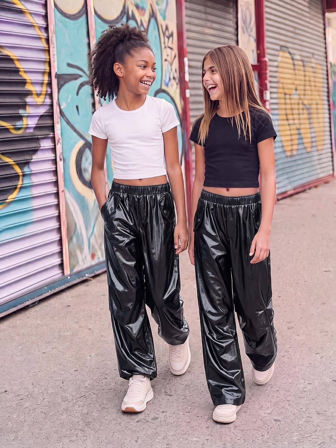 Stelle Girls Metallic Hip Hop Pants Shiny Cargo Joggers Pant(Patent Black)
