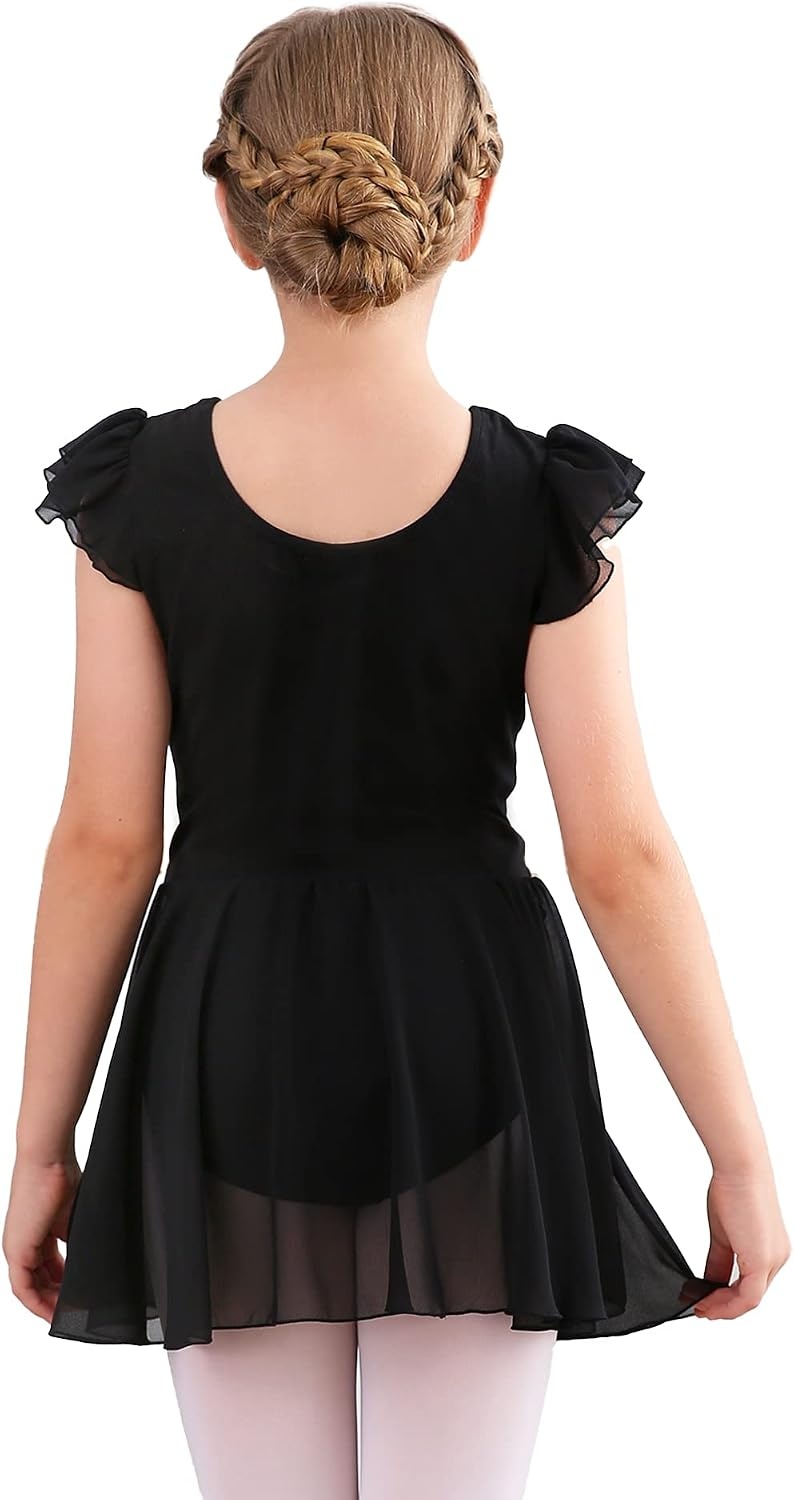 Stelle Ballet Leotards for Girls Dance Leotard with Skirt Toddler Pink Ballet Outfit Ruffle Sleeve Kids Dance Dress(2-black)