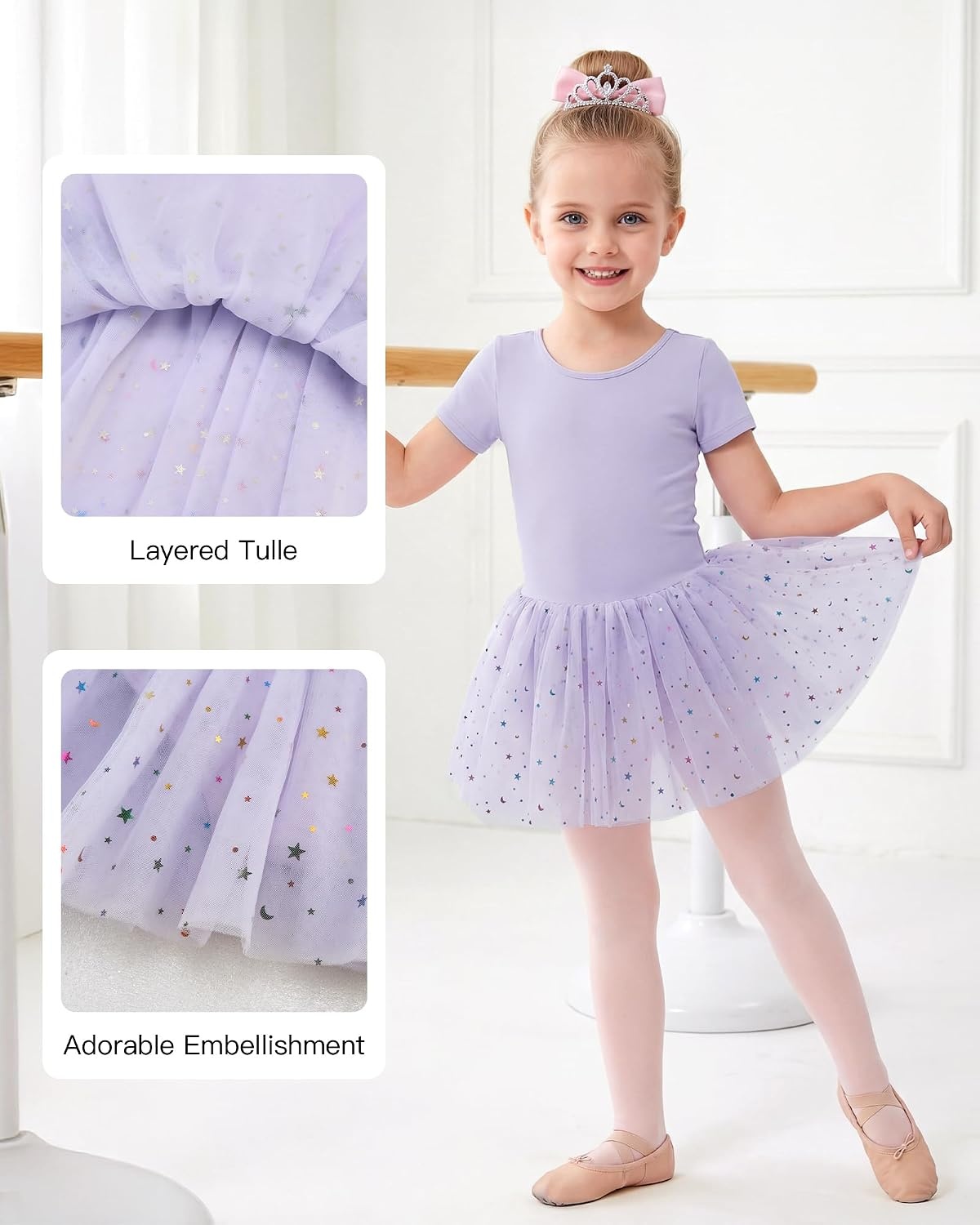 Stelle Girls Ballet Leotards with Sequin Tutu Dress Toddler Dance Outfit | Girls Dance Tutu Dresses, Short Sleeve, Fluffy Tulle skirted, Ballerina Costumes for Dance Classes, Recitals, Performance(Lavender)