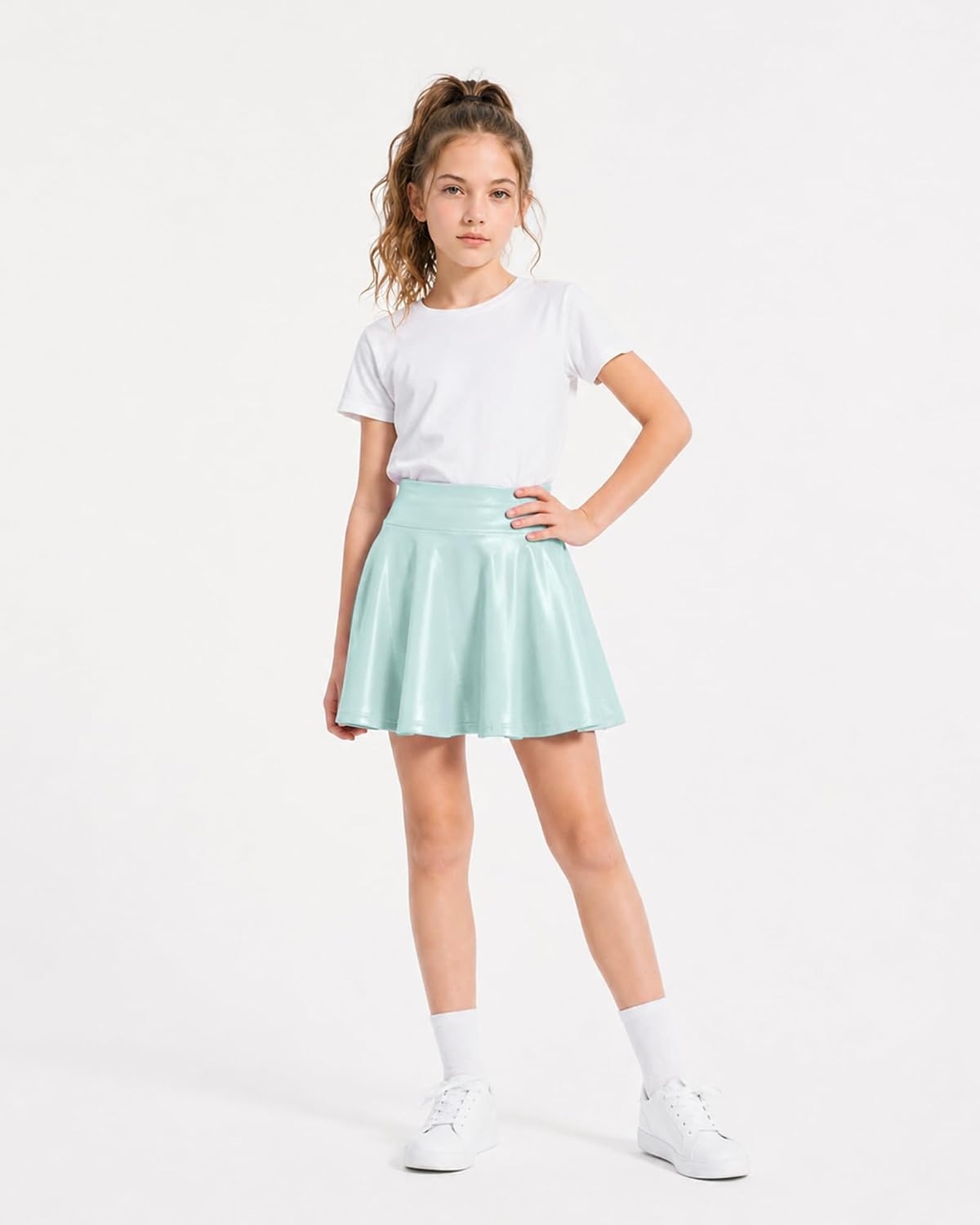 Stelle Girls Metallic Skirt with Short High Waisted Stretchy Skort Dance Shiny Skater Party Skirts for Kids 6-15 Years(Light Blue)
