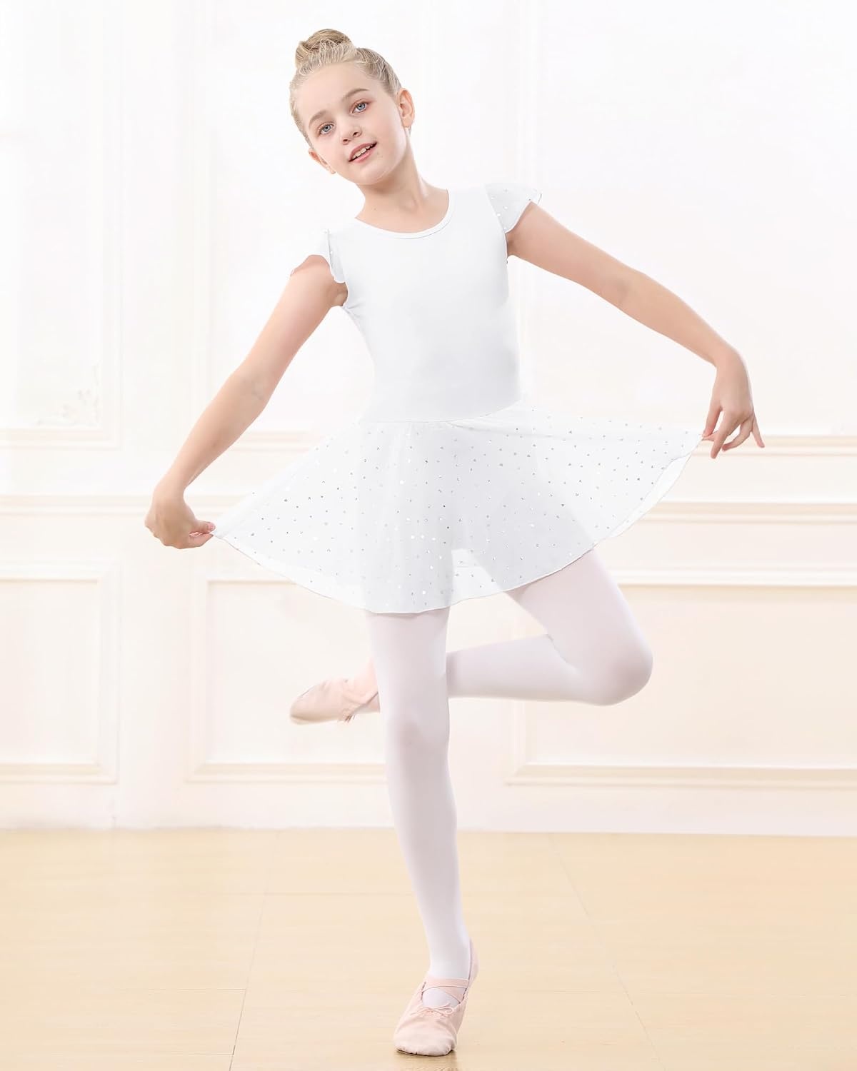 Stelle Ballet Leotards for Girls Dance Leotard with Skirt Kids Dance Dress(1-white(shiny Skirt))