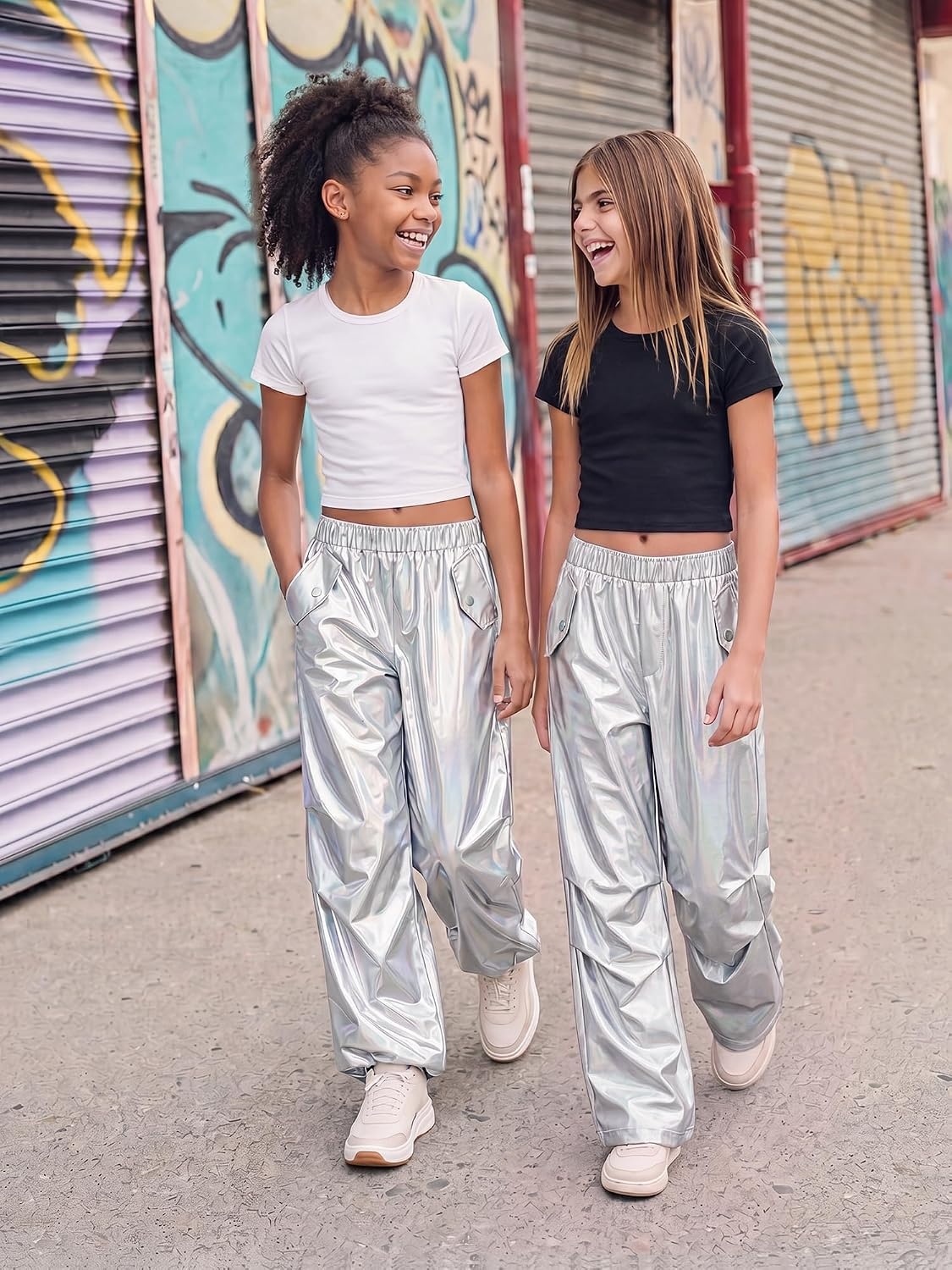 Stelle Girls Metallic Hip Hop Pants Shiny Cargo Joggers Pant(Holograph Silver)