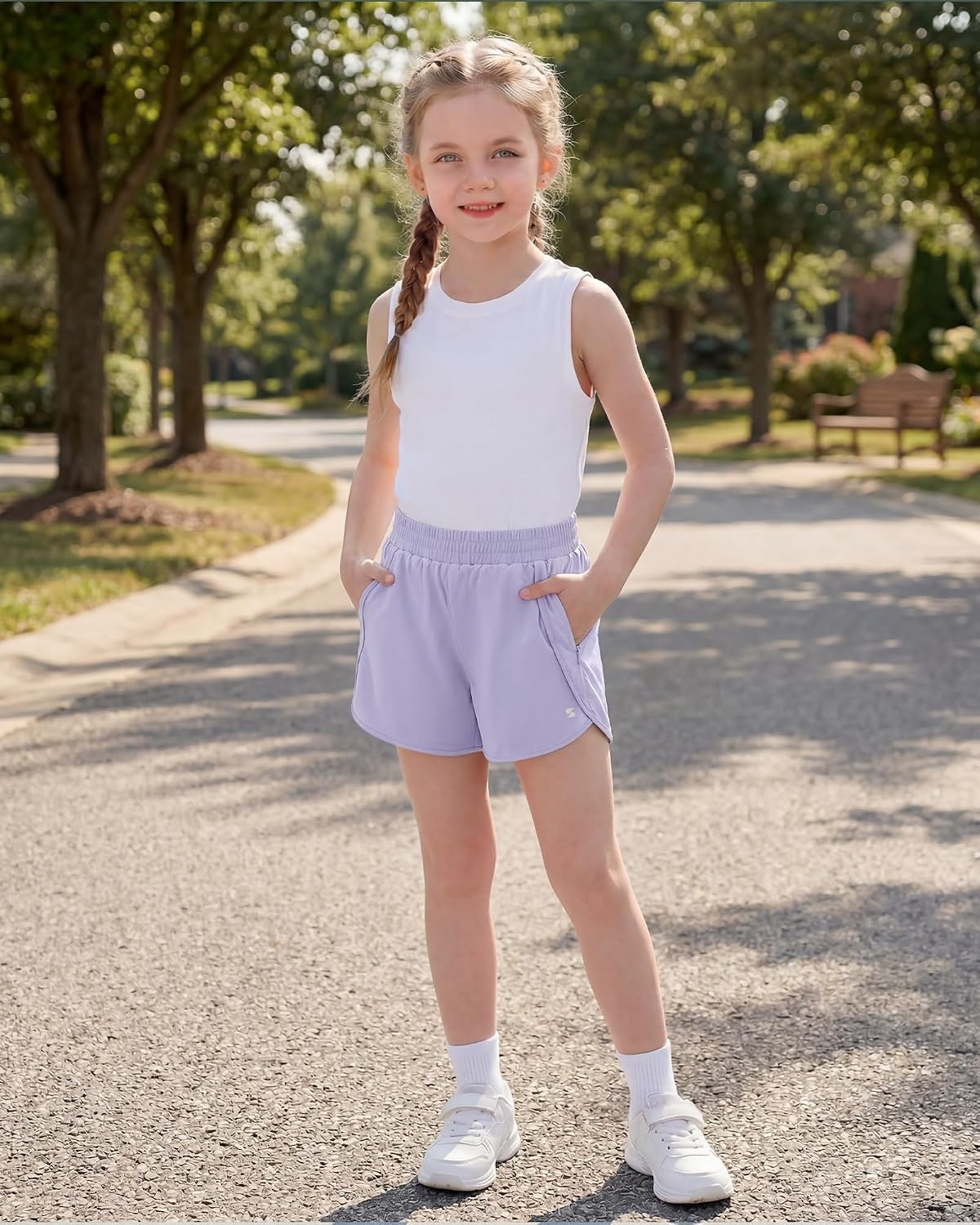 Stelle Girl’s Athletic Shorts with Zipper Pockets Elastic Waist Running Short Basketball Volleyball Soccer Shorts for Teen(Lavender)