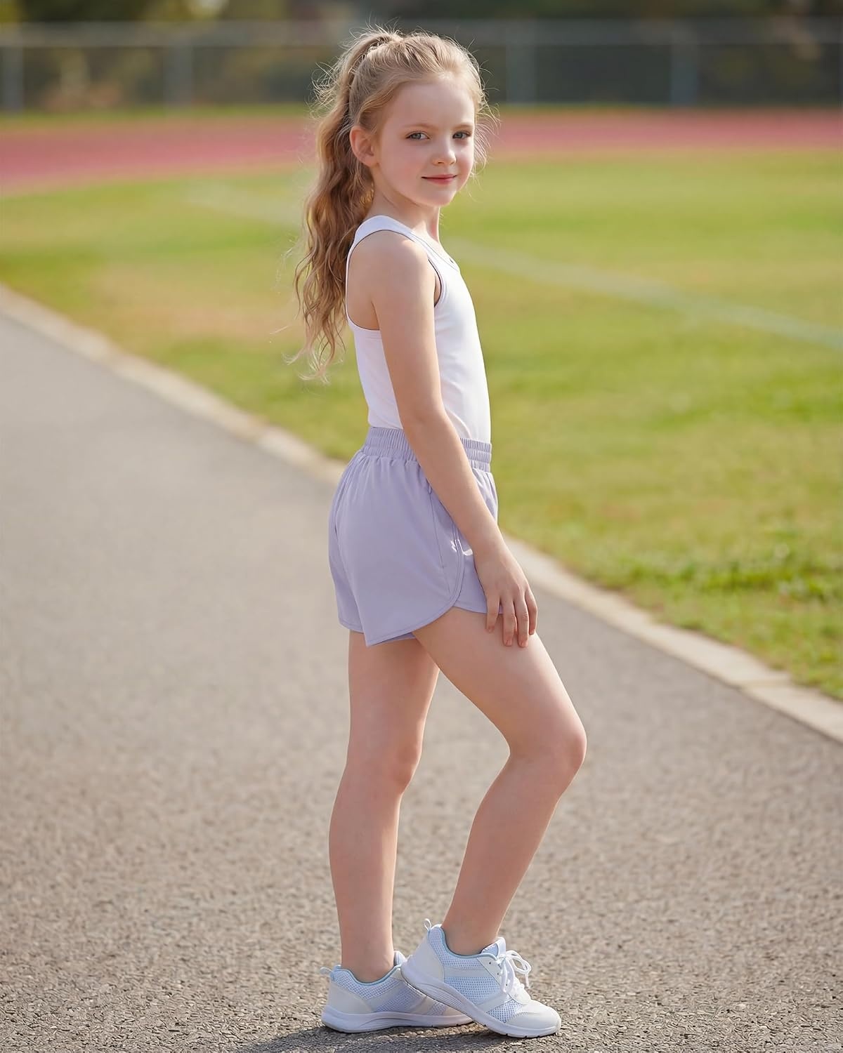 Stelle Girl’s Athletic Shorts with Zipper Pockets Elastic Waist Running Short Basketball Volleyball Soccer Shorts for Teen(Lavender)