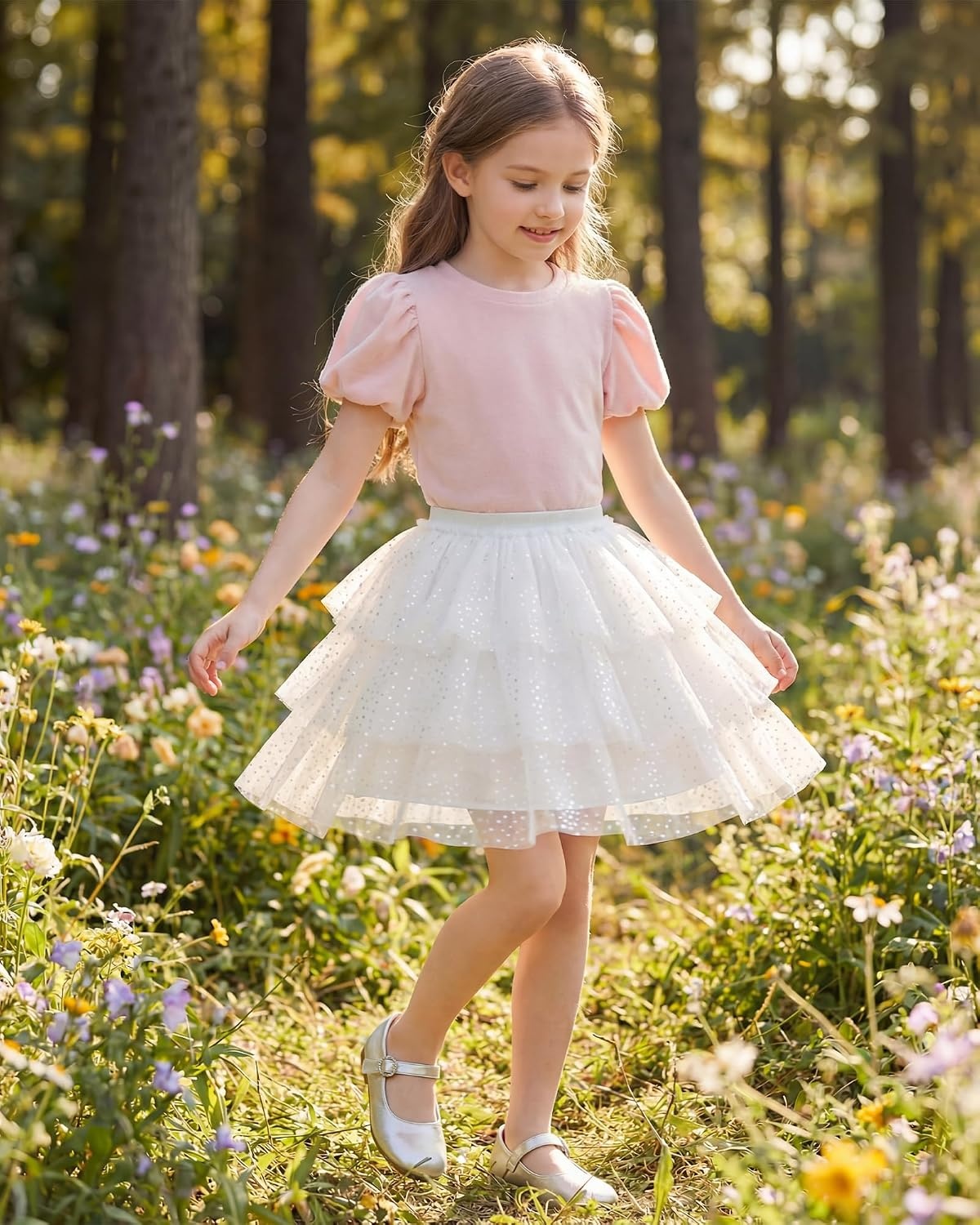 Stelle Girls Tutu Skirt 5 Layers Fluffy Tulle Dance Ballet Skirt Princess Birthday Party Costume(White)