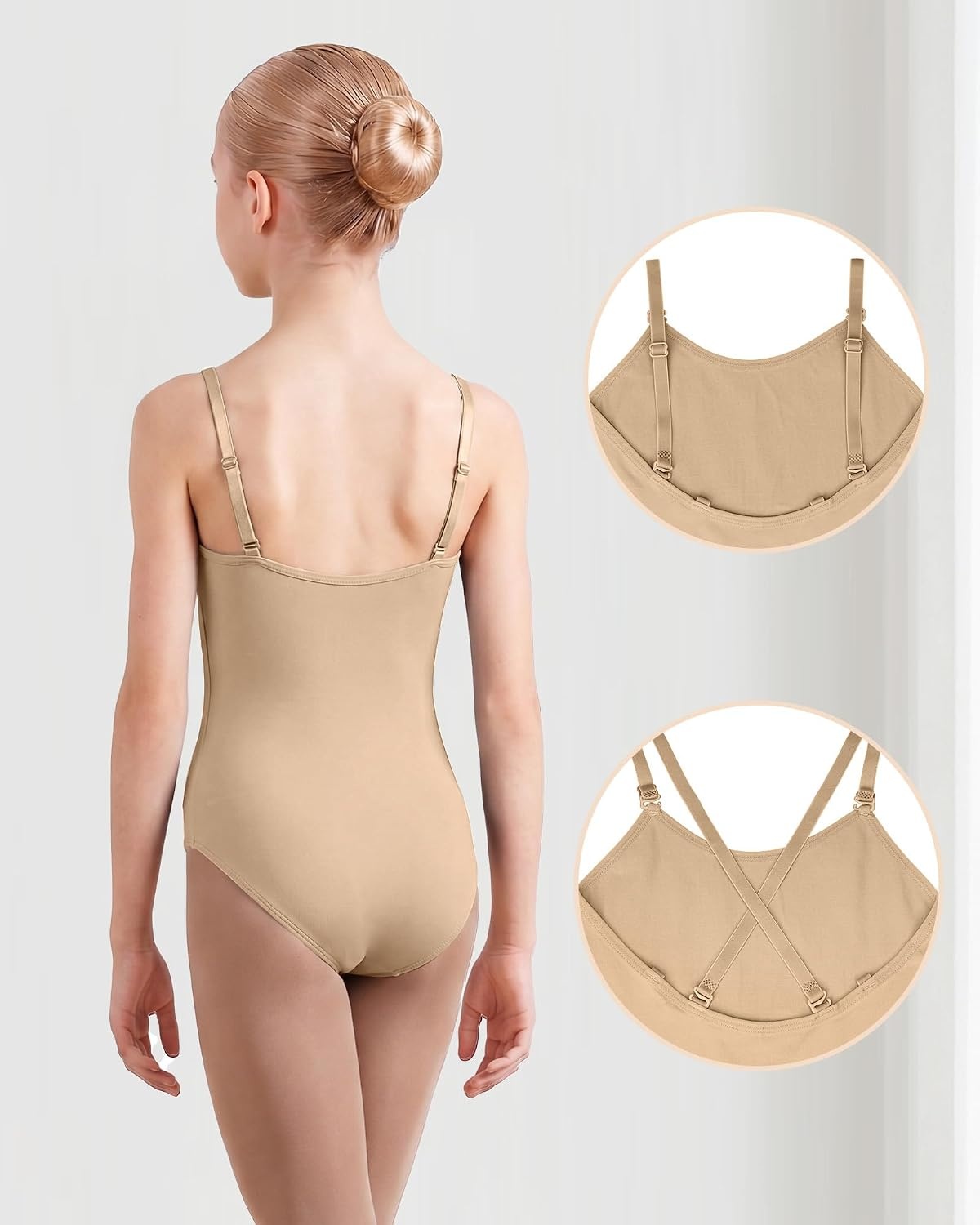 Stelle Girls Seamless Camisole Leotard with Convertible Tights | Both clothing-colored and clear detachable straps, 2-In-1 Convertible Tights, Fully lined front, High elasticity & durable(Nude)