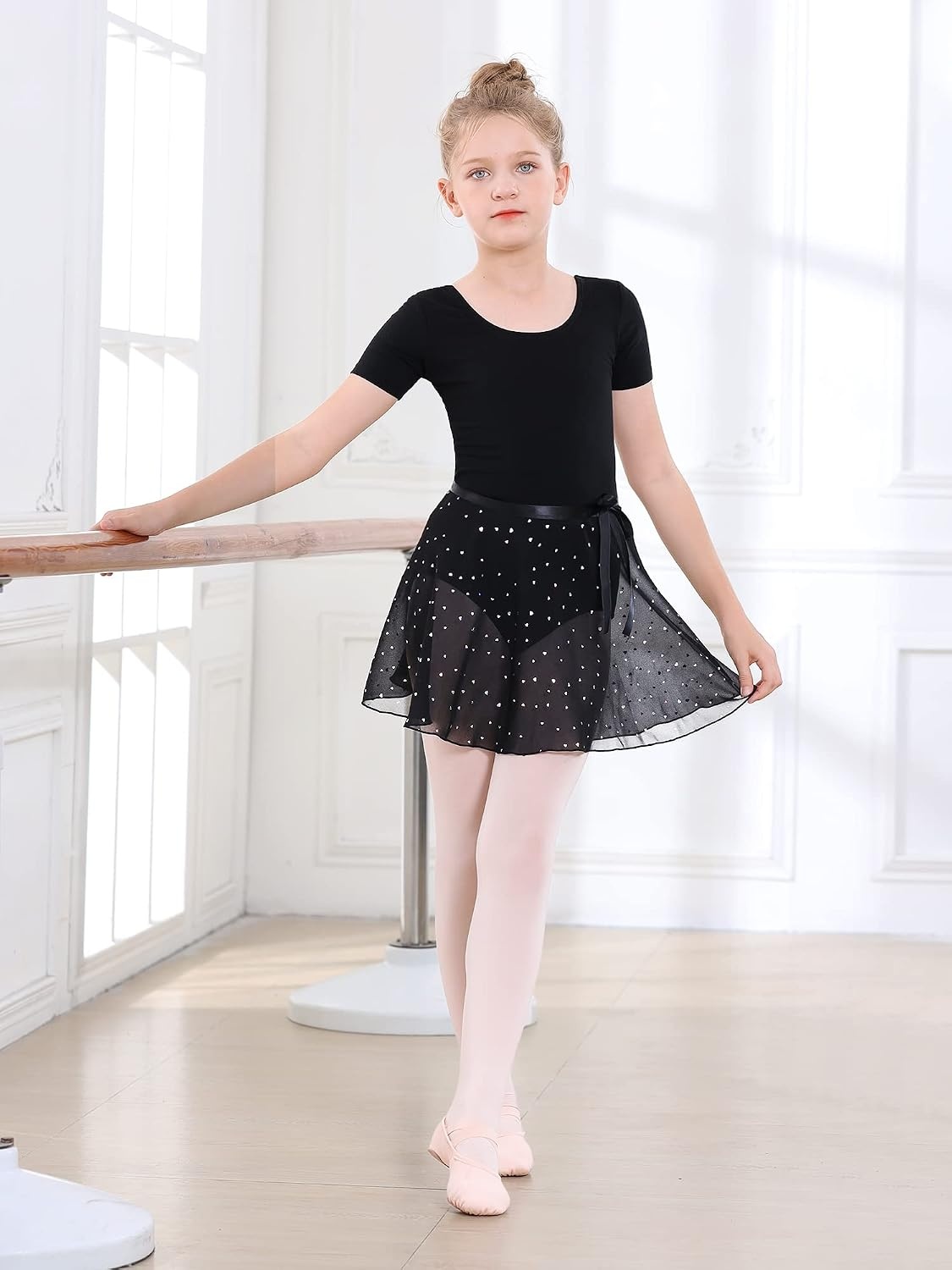 Stelle Ballet Skirts for Girls Toddler Dance Skirt Chiffon Kids Ballet Wrap Skirts(04-black Shiny Skirt (Ad Tie))