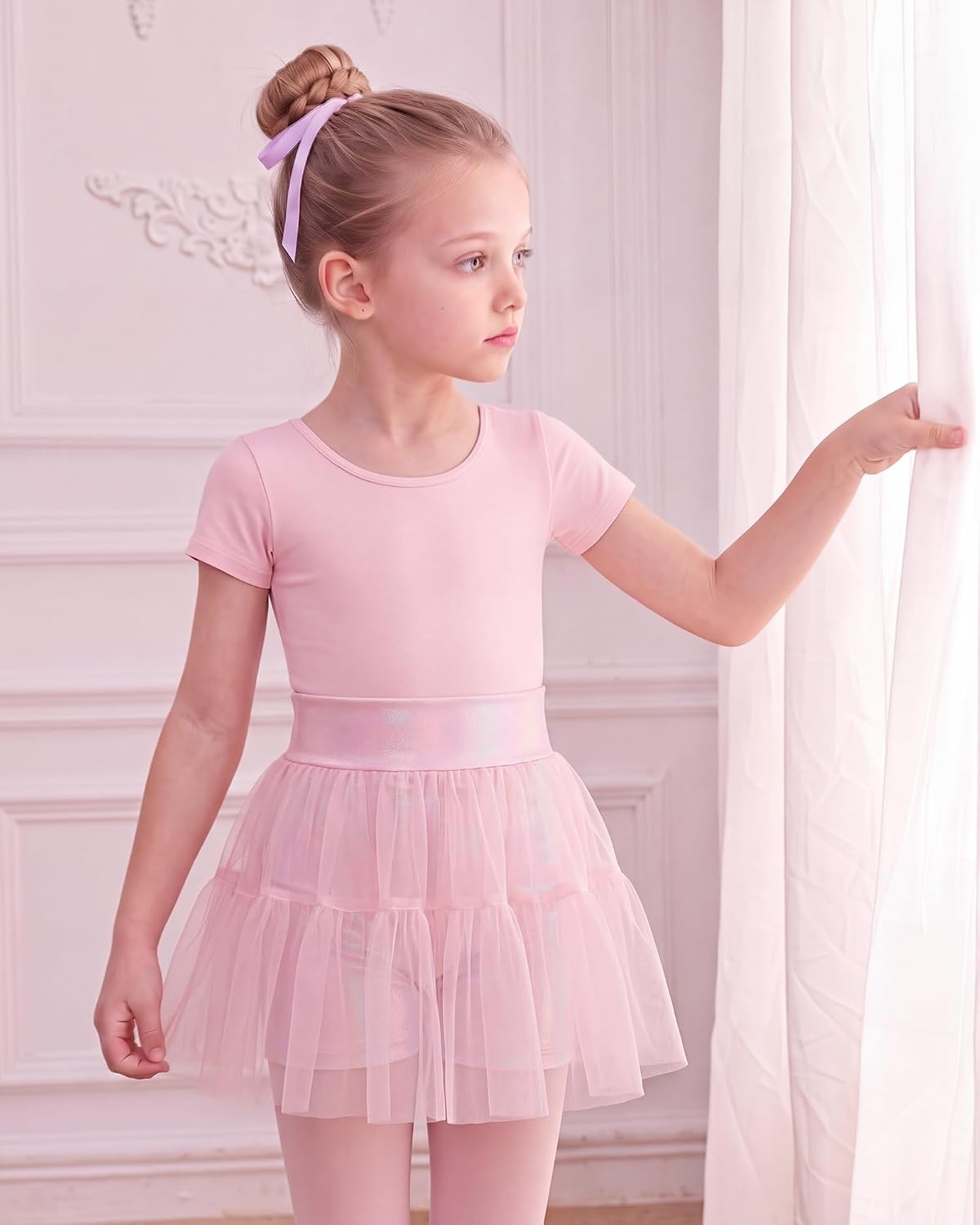 Stelle Girls Tutu Skirt with Metallic Short Tulle Ballet Dance Skort(Pink)