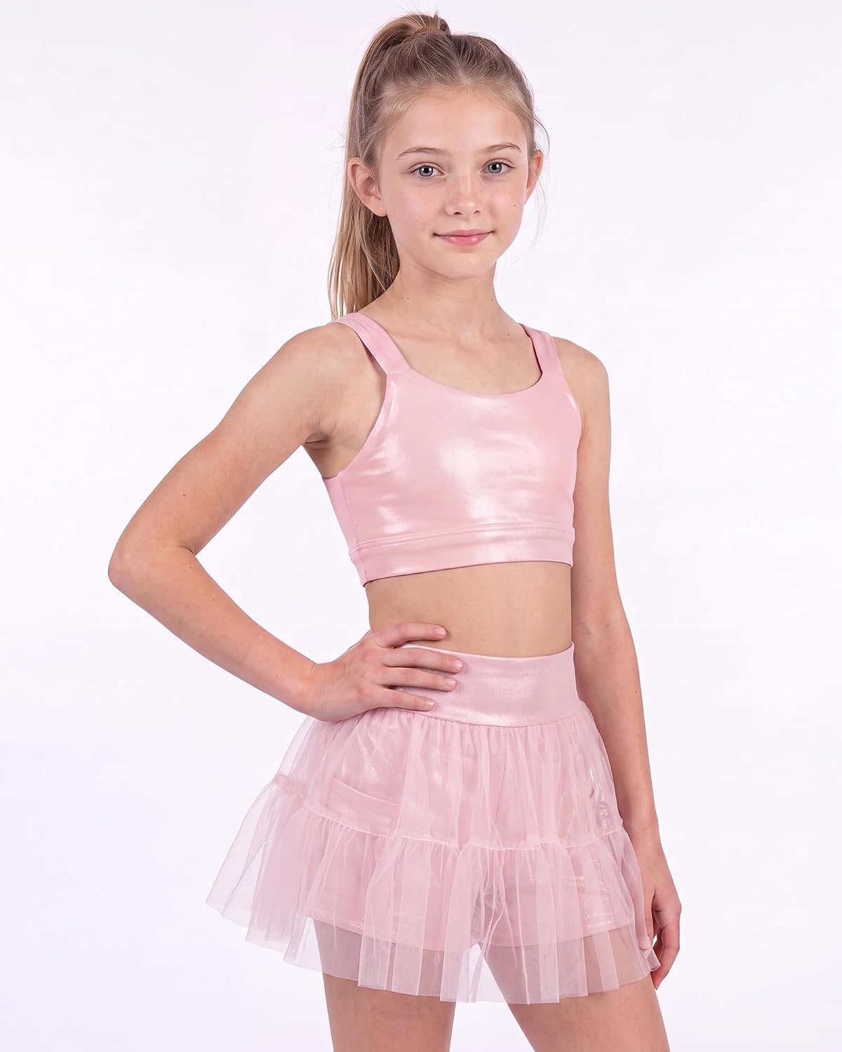 Stelle Girls Tutu Skirt with Metallic Short Tulle Ballet Dance Skort(Pink)