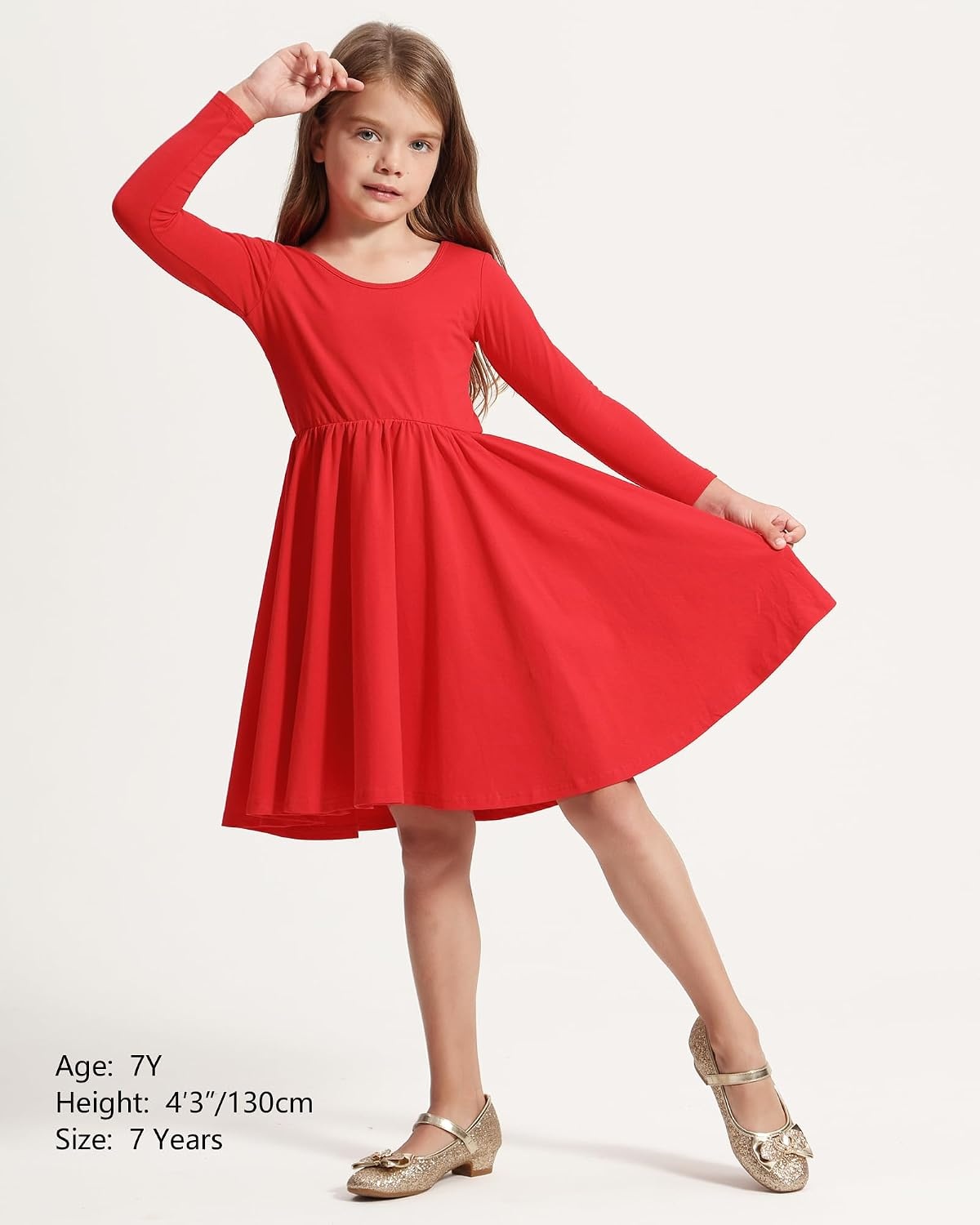 Stelle Girls Cotton Long Sleeve Dress Twirl Skater Dress 3-12Y | Criss Cross Back,A Line,Crew Neck,Cotton Dress for Tie Dye School Dance Casual Birthday Christmas Easter Spring Fall Winter(Red)