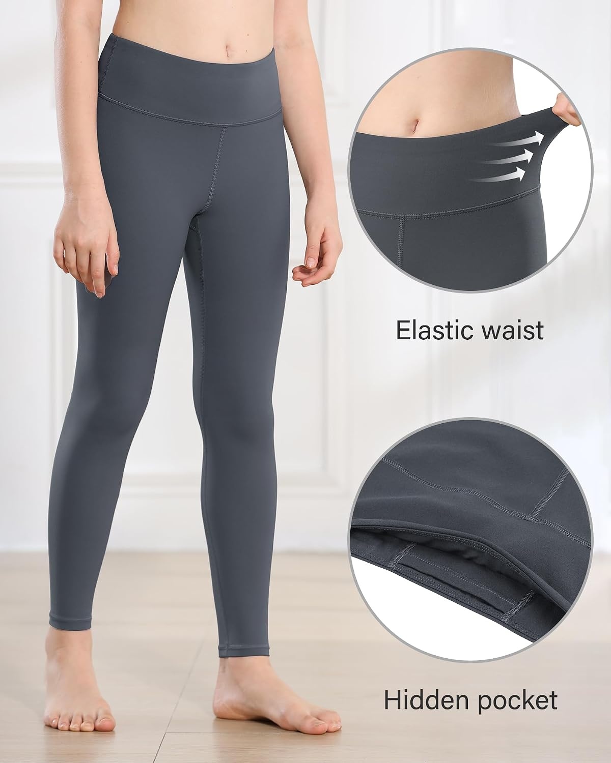 Stelle Girls Leggings with Hidden Pocket for Kids Dance Yoga Athletic Pants | High-rise waistband,Soft 4-way stretch,Moisture-wicking,Non see-through for dance,gymnastics,yoga,running and daily wear(Black+charcoal+pink)