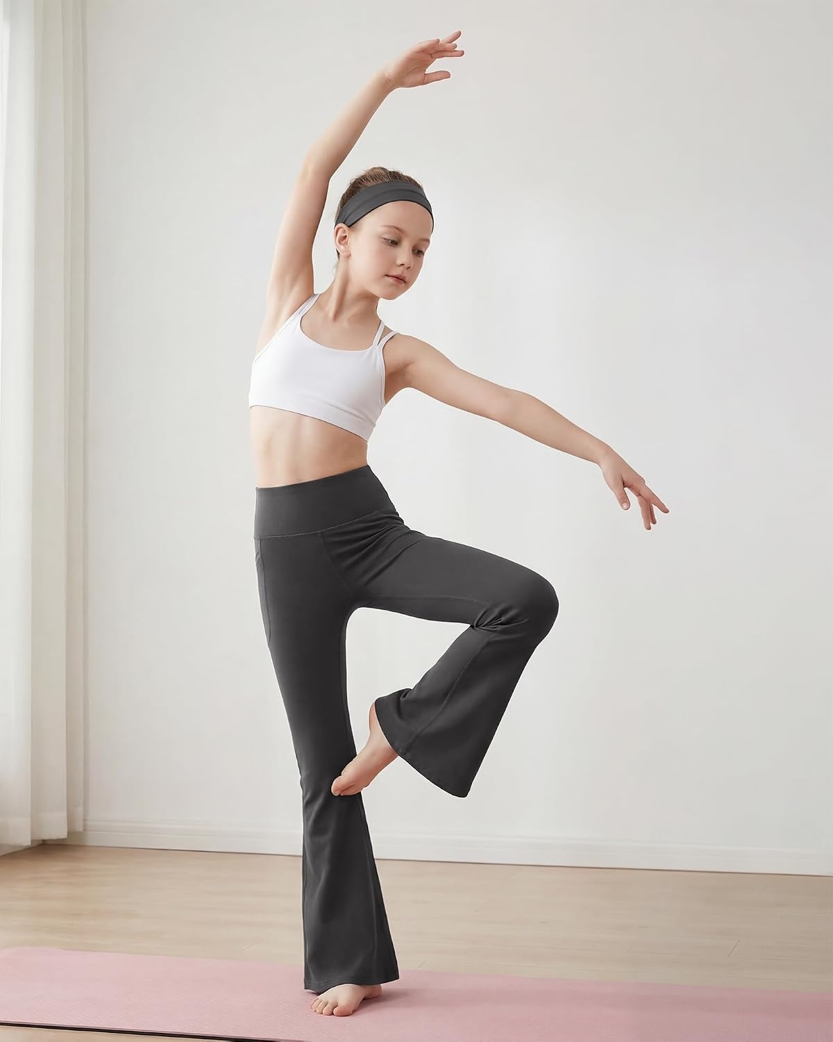 Stelle Girls Flare Leggings Bell Bottoms Yoga Pants with Pockets High Waisted Bootcut Dance Pants(Charcoal)