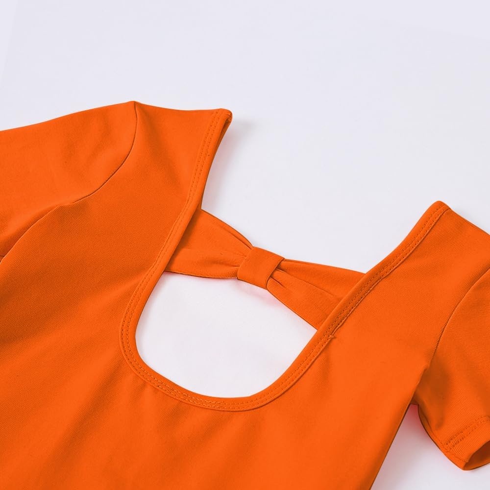 Stelle Girls Cotton Ballet Dance Leotard with Bow Back for Dance Class(1-orange)