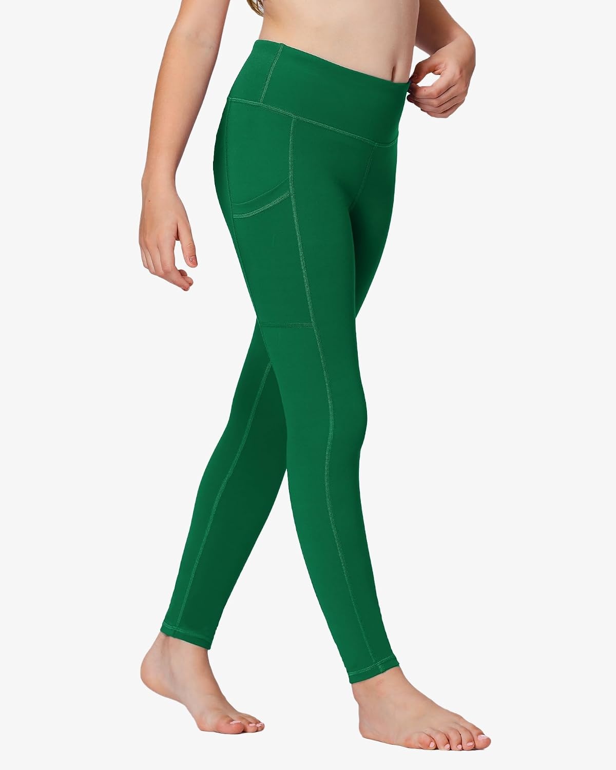 Stelle Girls Leggings with Pockets Kids Dance Yoga Running Athletic Pants | Soft 4-Way Stretch,High-Rise Wide Waistband,Side Pockets,Moisture-Wicking,Non-See-Through for Dance,Yoga,Running,Daily Wear(Evergreen(2 Side Pocket))
