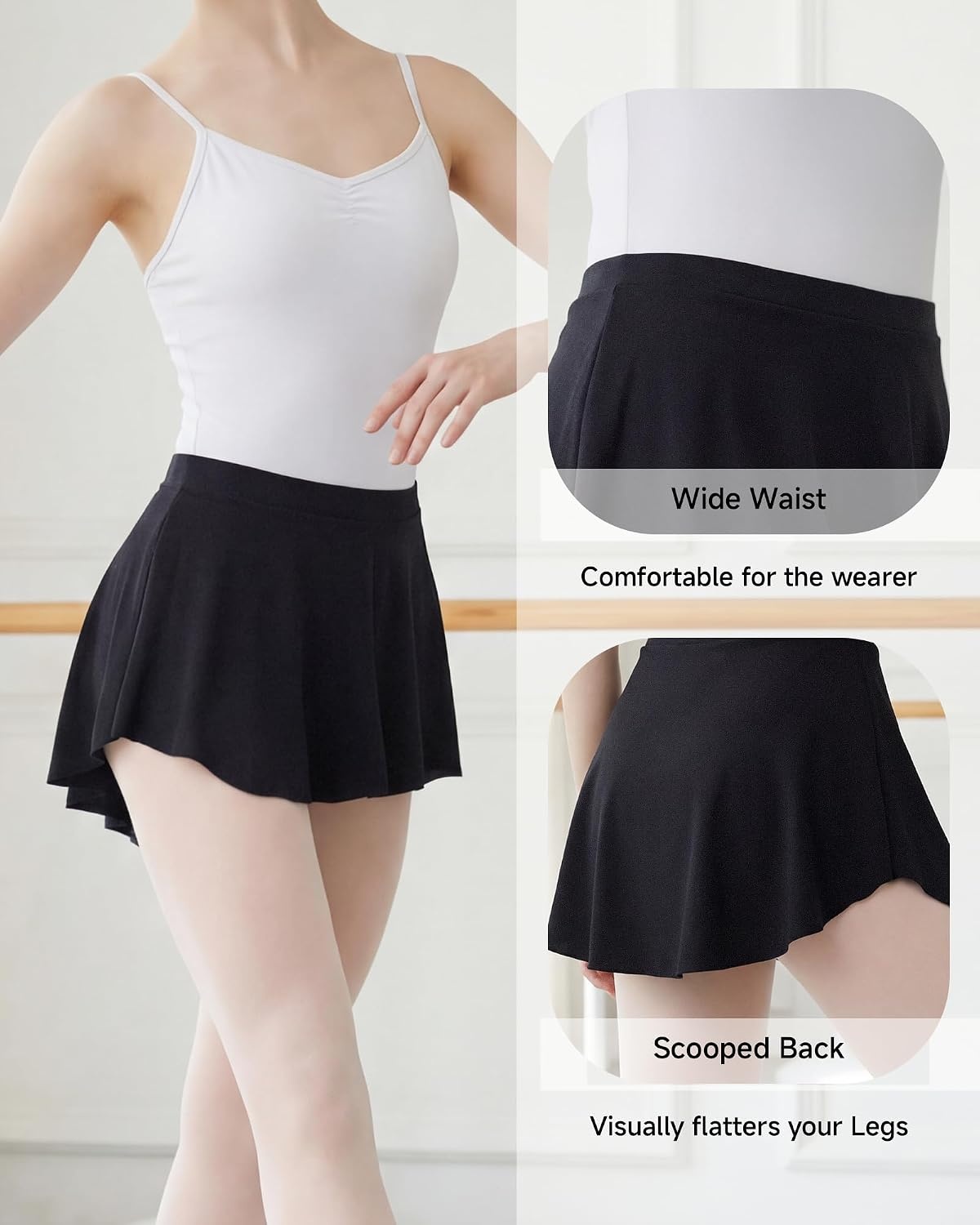 Stelle Ballet Skirt Women Pull On High-Low Dance Wrap Skirts Adult Elastic Mini Skirt Ballerina Outfit(Black)