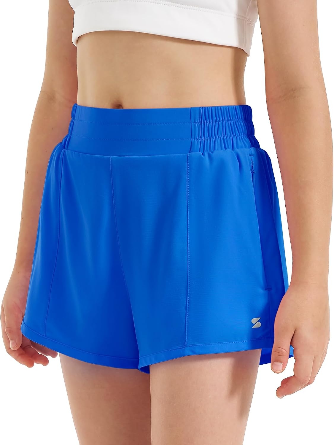 Stelle Girls 2-in-1 Athletic Shorts with Zipper Pockets for Running Sports | Built-in liner, Quick-dry fabric, Elastic waistband, Secure storage, Soccer, Gym, Outdoor activities(Sapphire)