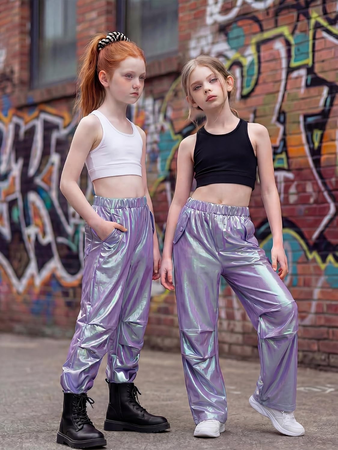 Stelle Girls Metallic Hip Hop Pants Shiny Cargo Joggers Pant | Shiny Leggings, Sequin Sparkly Material, Adjustable Drawstring, School Events, Disco, Street, Running, Kids, Youth(Iridescent Purple)
