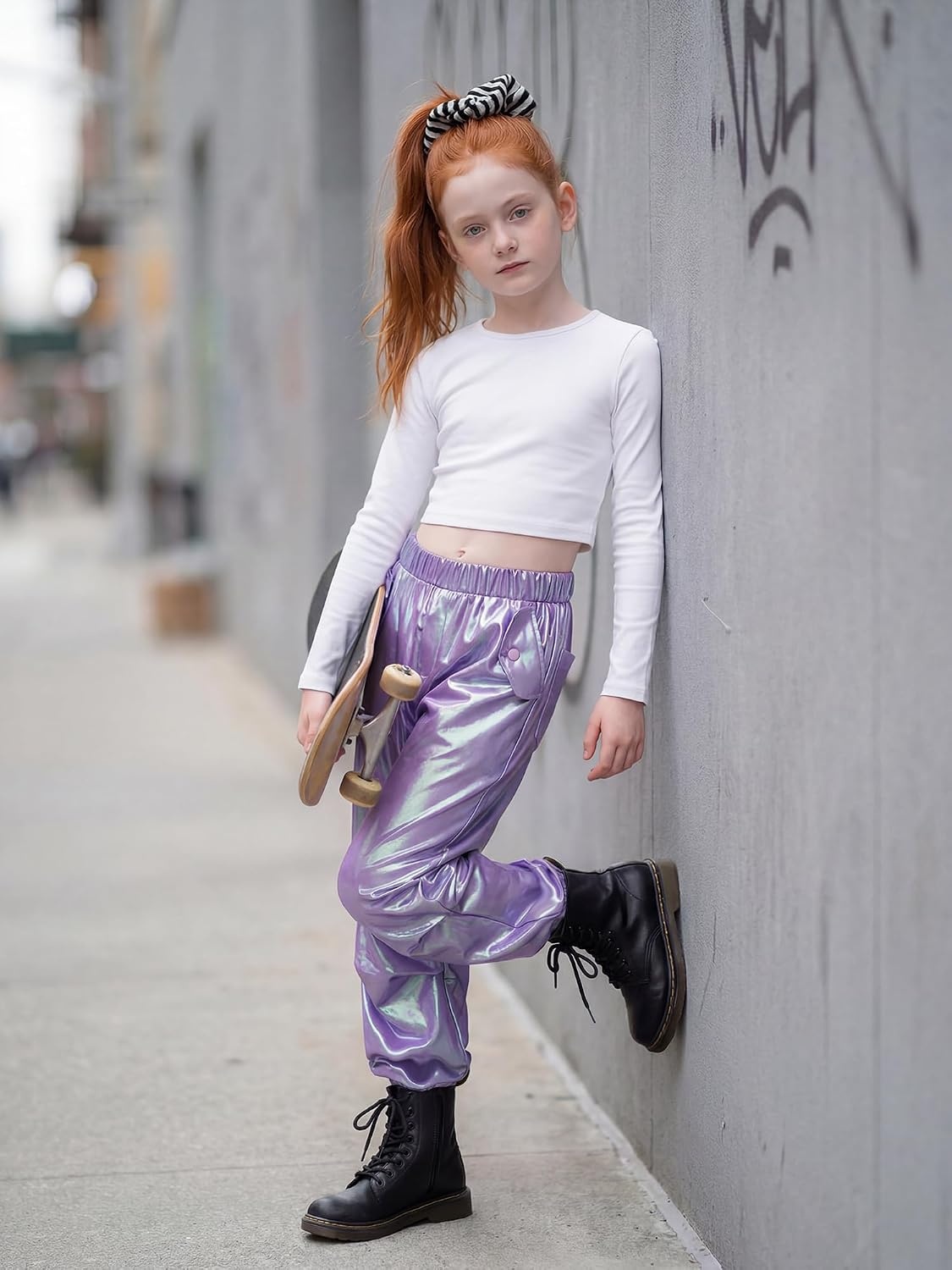 Stelle Girls Metallic Hip Hop Pants Shiny Cargo Joggers Pant | Shiny Leggings, Sequin Sparkly Material, Adjustable Drawstring, School Events, Disco, Street, Running, Kids, Youth(Iridescent Purple)