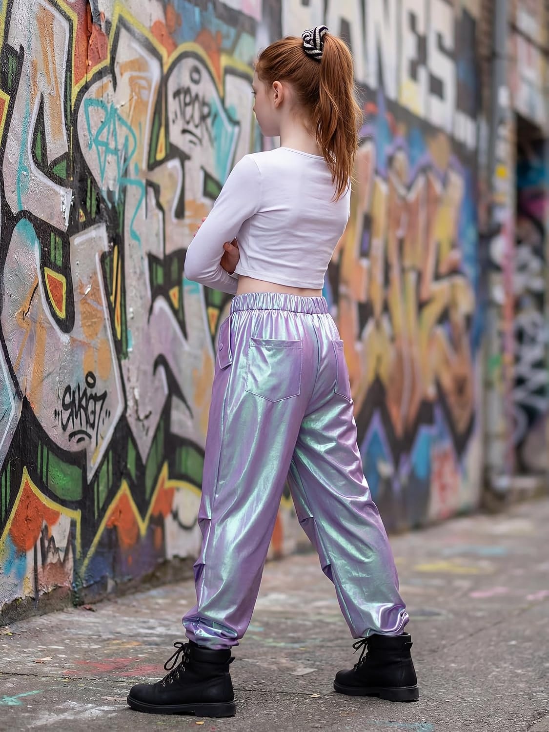 Stelle Girls Metallic Hip Hop Pants Shiny Cargo Joggers Pant | Shiny Leggings, Sequin Sparkly Material, Adjustable Drawstring, School Events, Disco, Street, Running, Kids, Youth(Iridescent Purple)