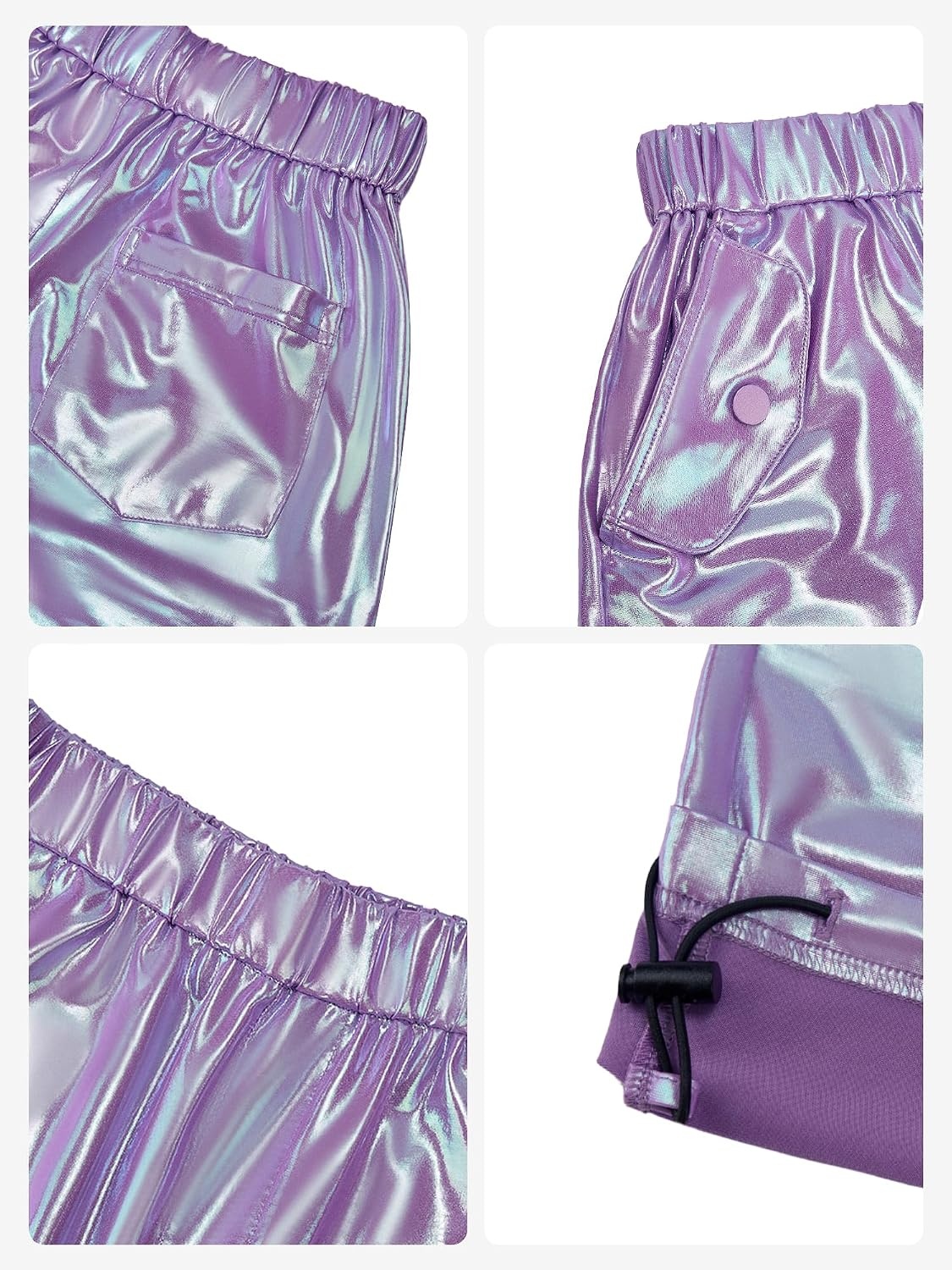 Stelle Girls Metallic Hip Hop Pants Shiny Cargo Joggers Pant | Shiny Leggings, Sequin Sparkly Material, Adjustable Drawstring, School Events, Disco, Street, Running, Kids, Youth(Iridescent Purple)