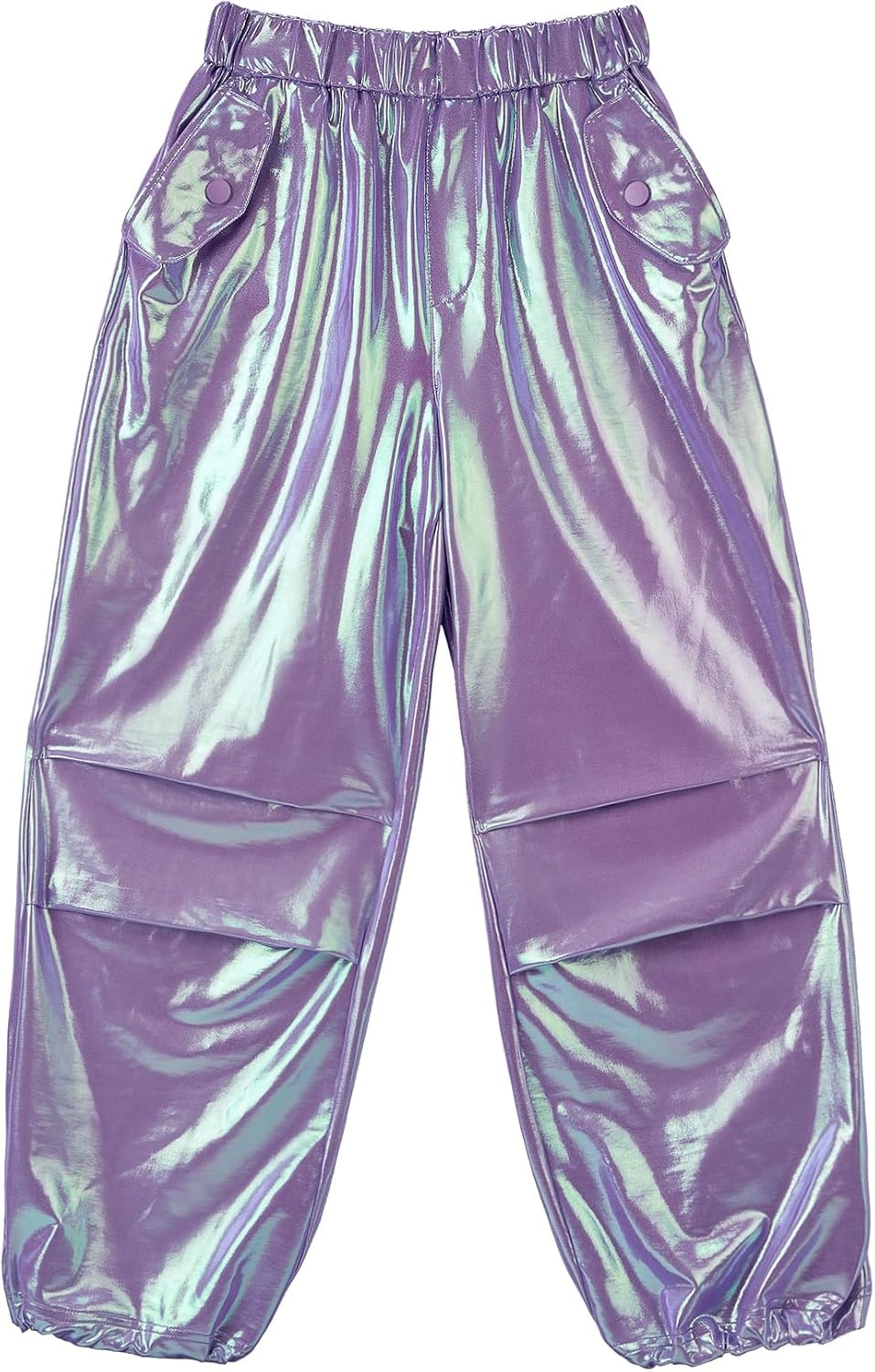 Stelle Girls Metallic Hip Hop Pants Shiny Cargo Joggers Pant | Shiny Leggings, Sequin Sparkly Material, Adjustable Drawstring, School Events, Disco, Street, Running, Kids, Youth(Iridescent Purple)