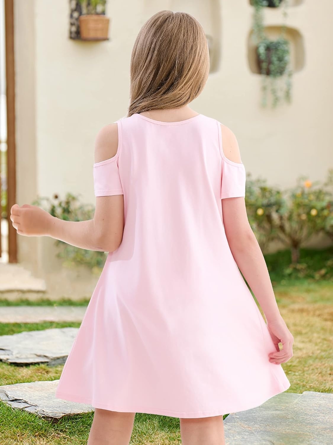 Stelle Girls Cotton Short Sleeve Twirl Skater Dress 3T-12Y | Twirl-Friendly Skirt, A Line,Criss Cross Back,Dress for School,Dance,Playwear,Casual,Active,Soft Stretch Breathable Comfy(Cd001-pink-cold Shoulder)
