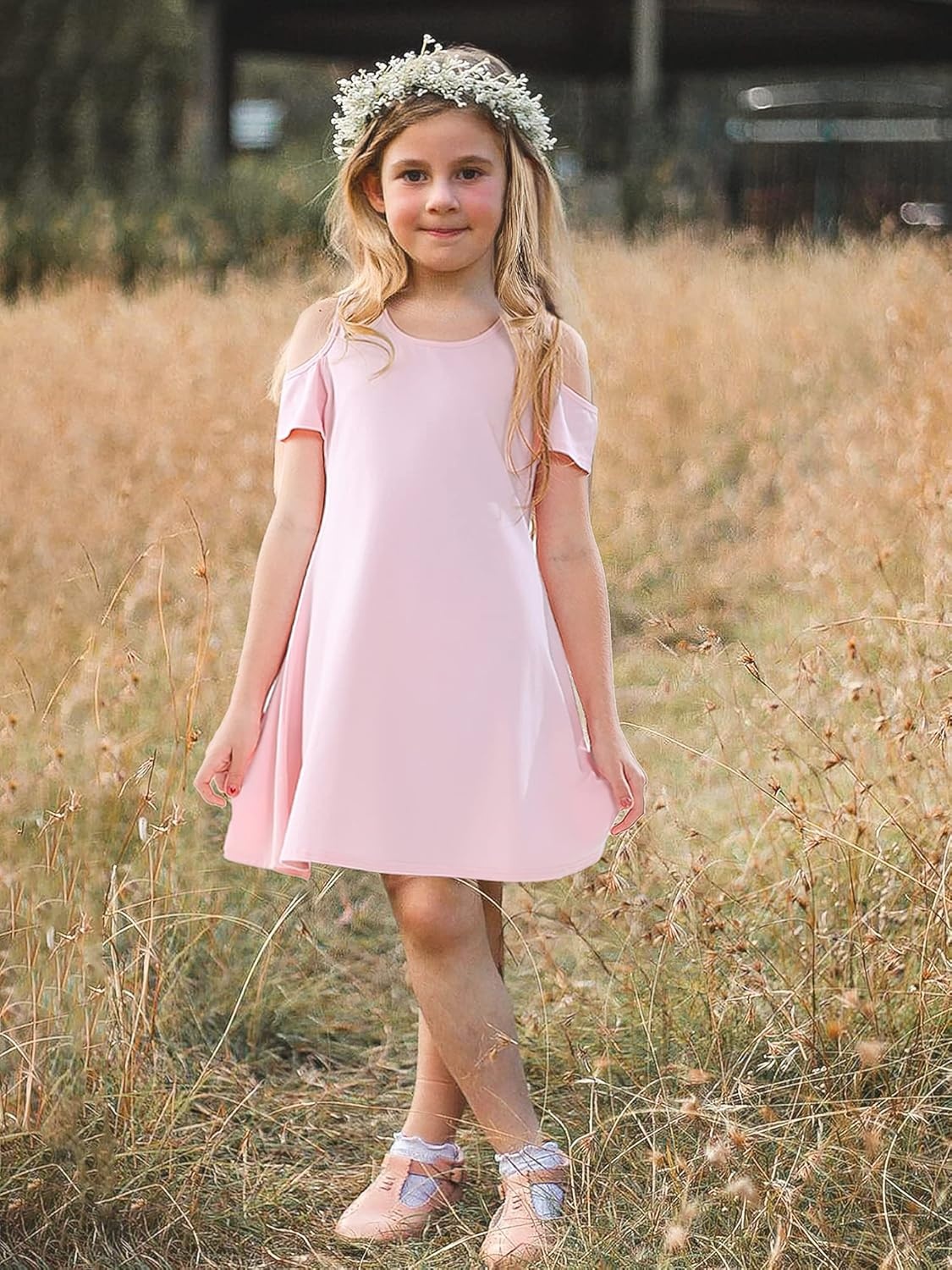 Stelle Girls Cotton Short Sleeve Twirl Skater Dress 3T-12Y | Twirl-Friendly Skirt, A Line,Criss Cross Back,Dress for School,Dance,Playwear,Casual,Active,Soft Stretch Breathable Comfy(Cd001-pink-cold Shoulder)