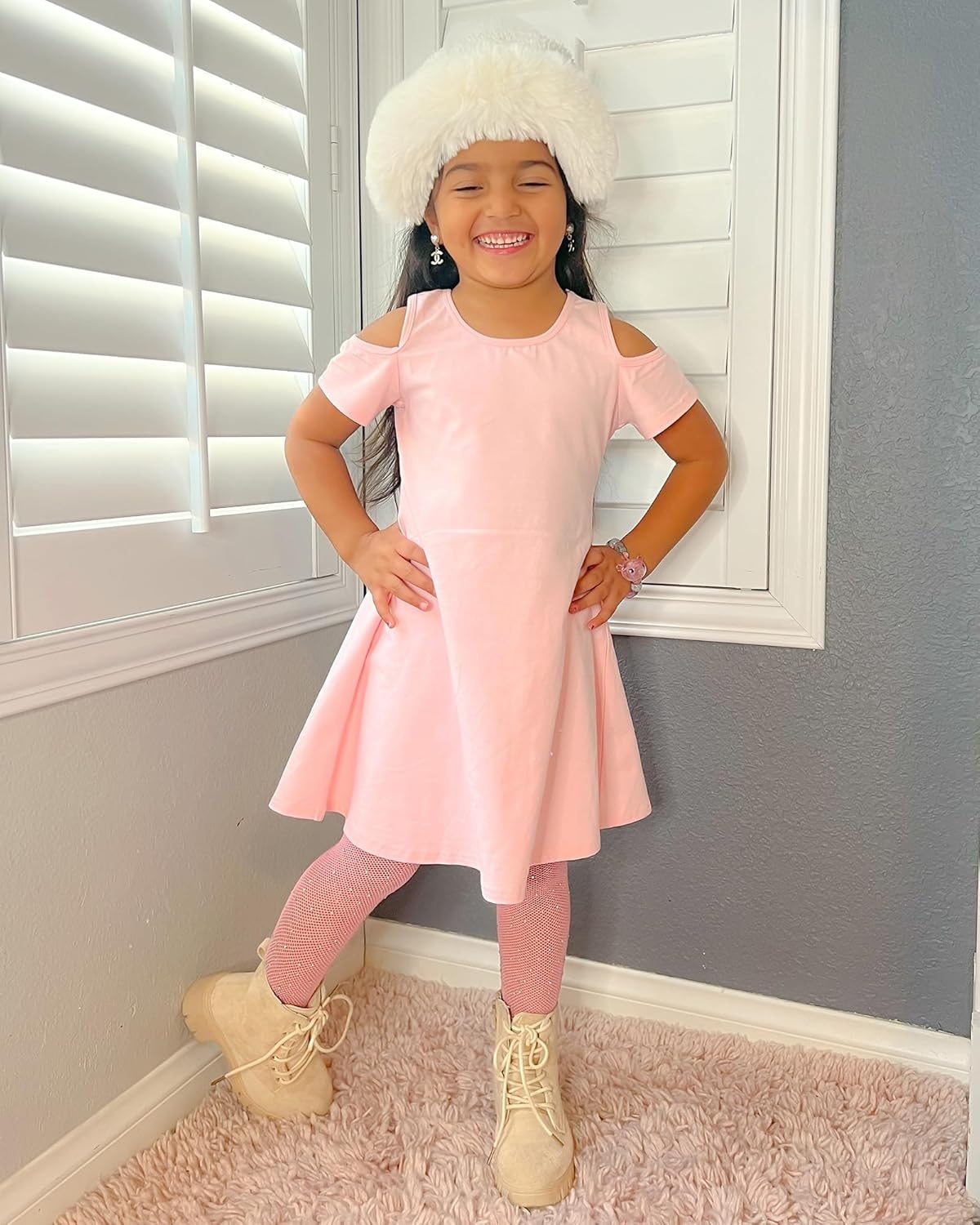 Stelle Girls Cotton Short Sleeve Twirl Skater Dress 3T-12Y | Twirl-Friendly Skirt, A Line,Criss Cross Back,Dress for School,Dance,Playwear,Casual,Active,Soft Stretch Breathable Comfy(Cd001-pink-cold Shoulder)