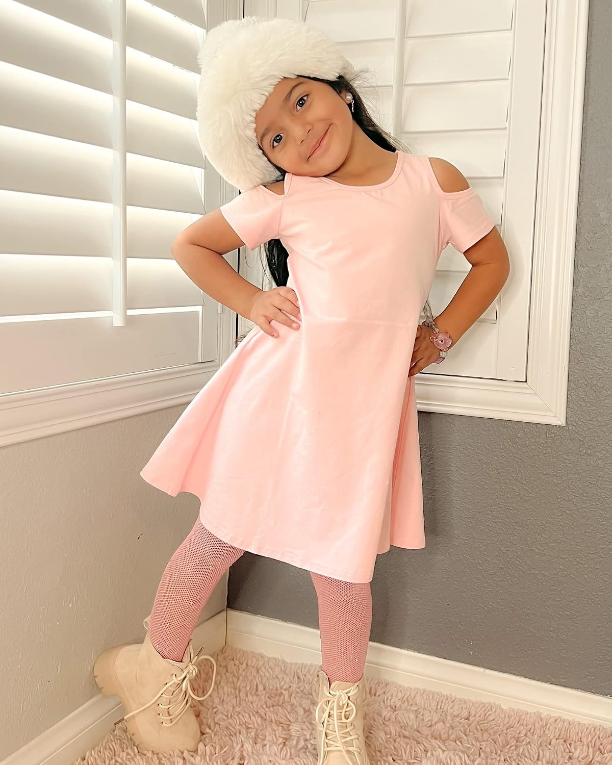 Stelle Girls Cotton Short Sleeve Twirl Skater Dress 3T-12Y | Twirl-Friendly Skirt, A Line,Criss Cross Back,Dress for School,Dance,Playwear,Casual,Active,Soft Stretch Breathable Comfy(Cd001-pink-cold Shoulder)