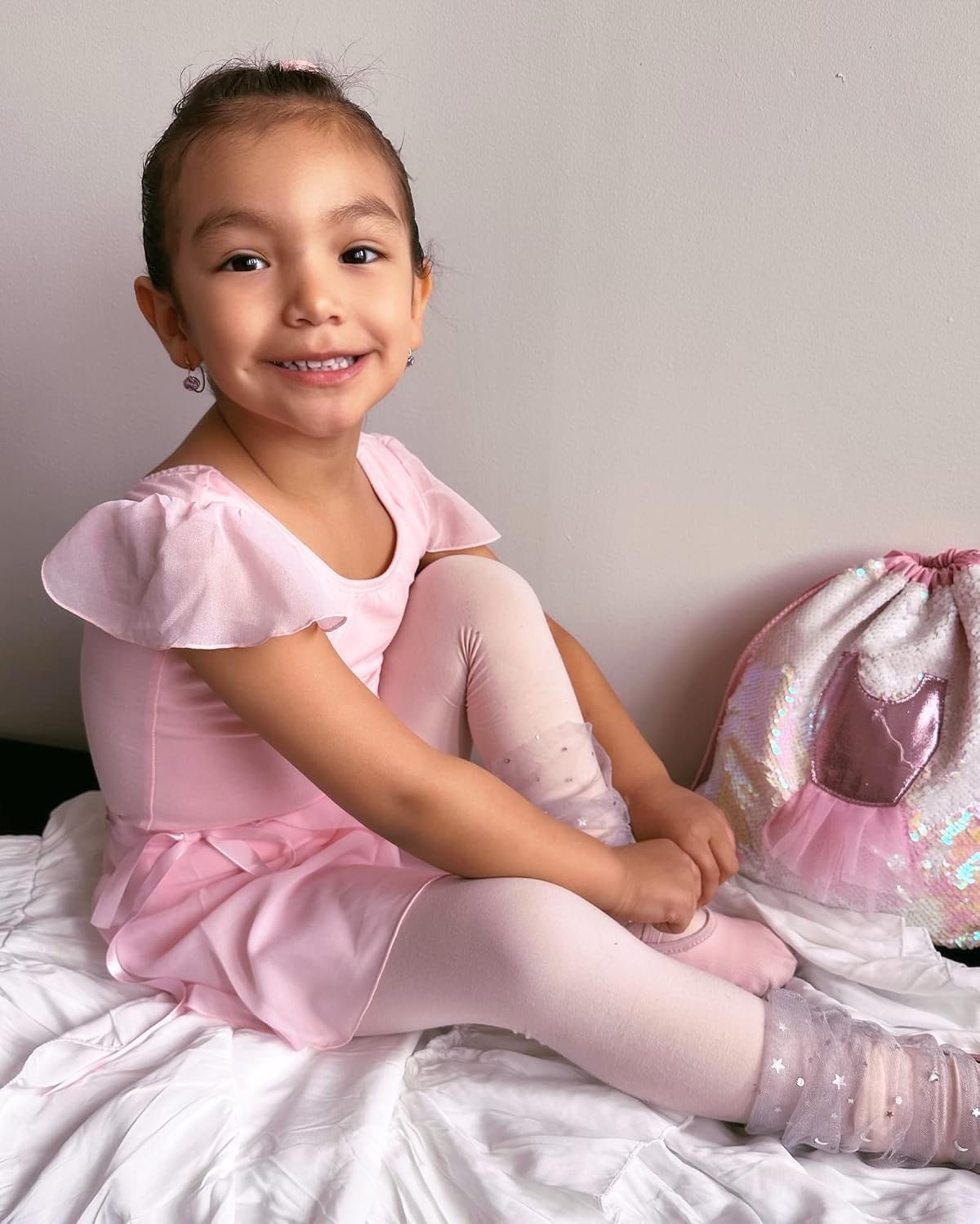 Stelle Girls Ballet Leotards Toddler Dance Combo with Skirt and Tights | Crew neck, Removable ballet skirt, Durable footed tights, Fully lined front, High elasticity & durable, Breathable(3-ballet Pink (Ruffle Sleeve))