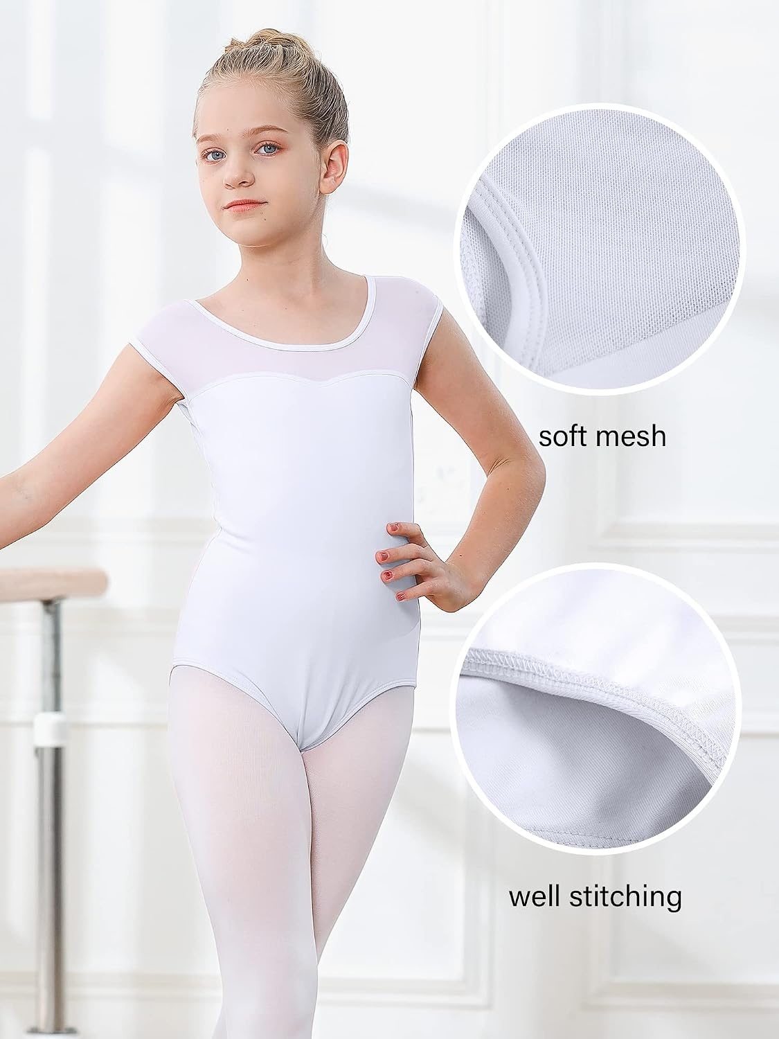 Stelle Girls Ballet Leotards Cotton Mesh Cap Sleeve for Dance Class | Breathable cotton, Mesh shoulders, Inner lining, Ballet, Dance, Gymnastics, Toddler, Little Big Kids, Performance, Ballerina(White (Mesh Cap Sleeves))