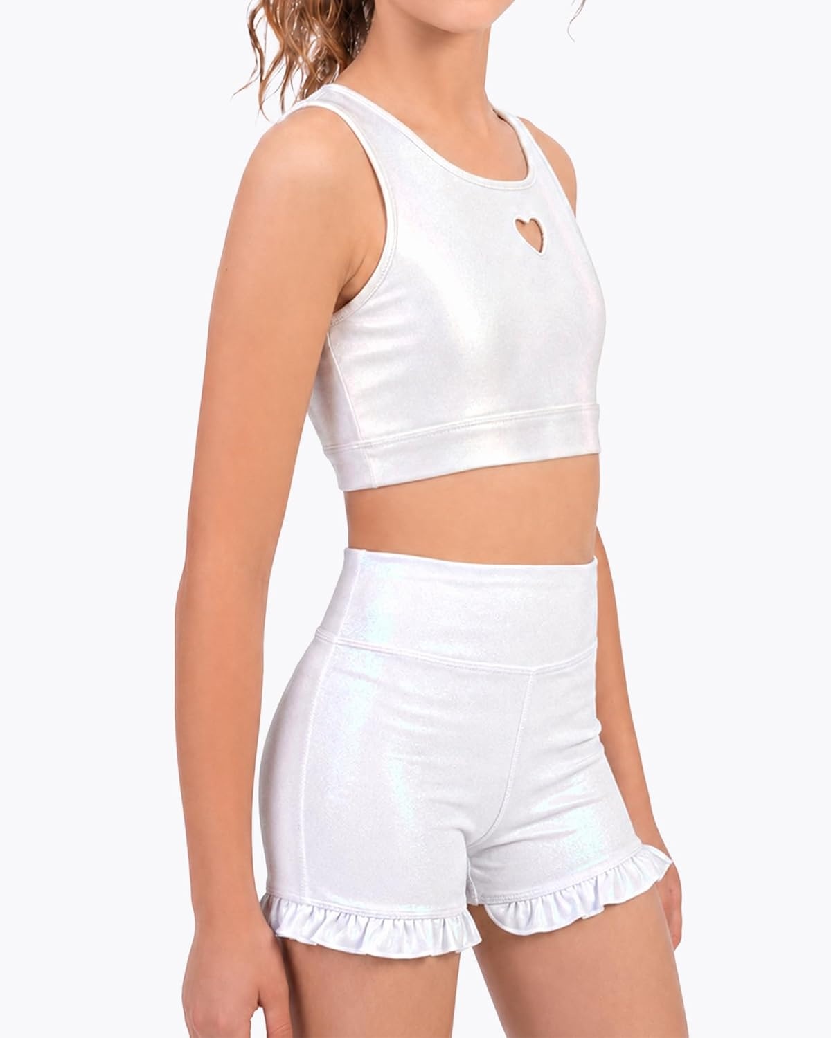 Stelle Girls Dance Tops Sparkly Metallic Crop Tank Top Racerback(White)
