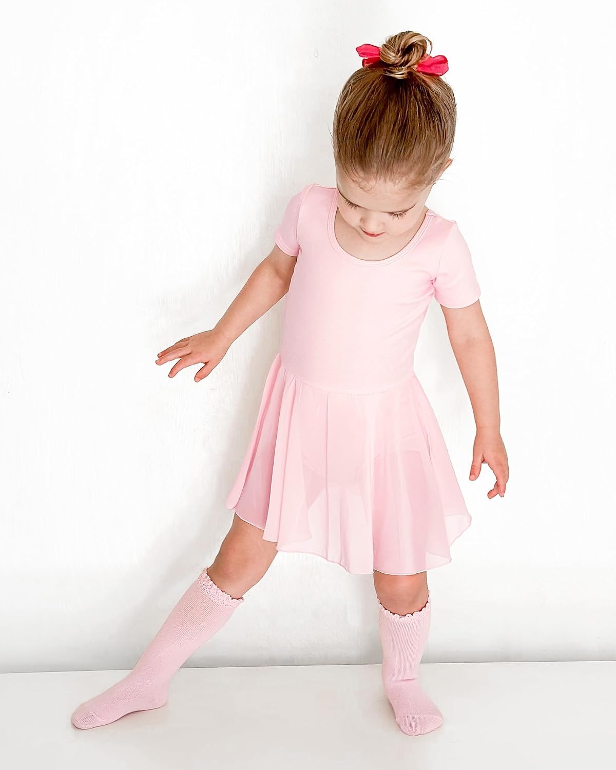Stelle Ballet Leotards for Girls Toddler Ballet Outfit Dance Leotard Dress | Ballerina Outfit Dress, Criss-Cross & Bow Back, Soft Stretch Fabric, Short Sleeve, Dance Recital, Gymnastics, Performance(Style 2-ballet Pink (Bow Back))