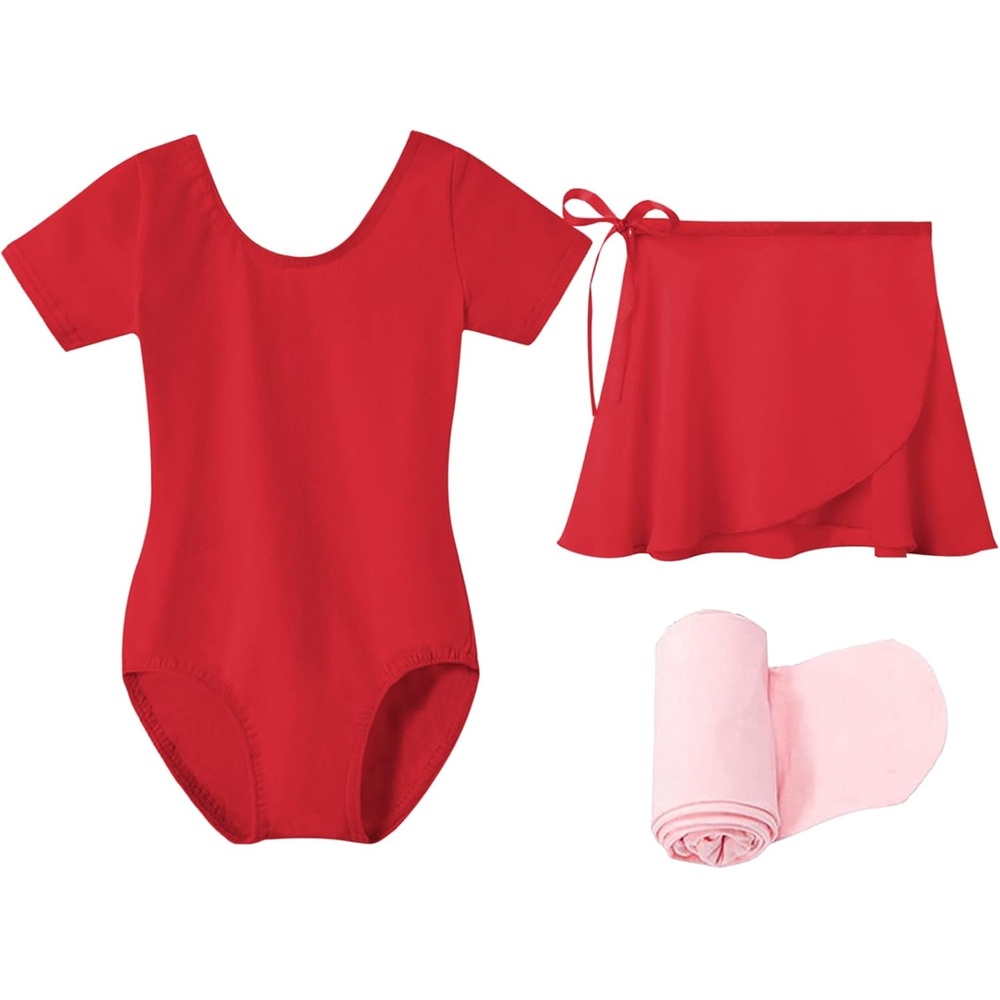 Stelle Girls Ballet Leotards Toddler Dance Combo with Skirt and Tights(1-red)
